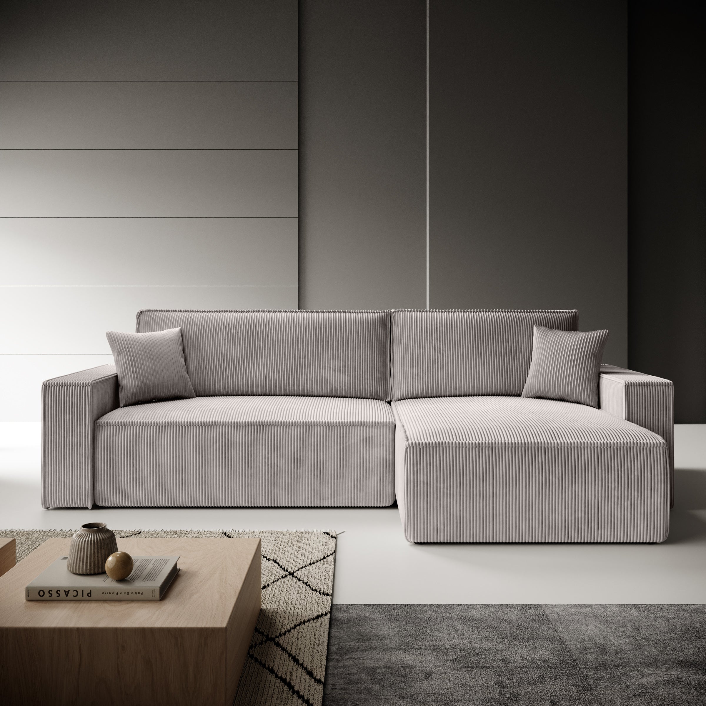 Kandahar - Hoekbank 3-zits met chaise longue - Ribstof beige - Universeel