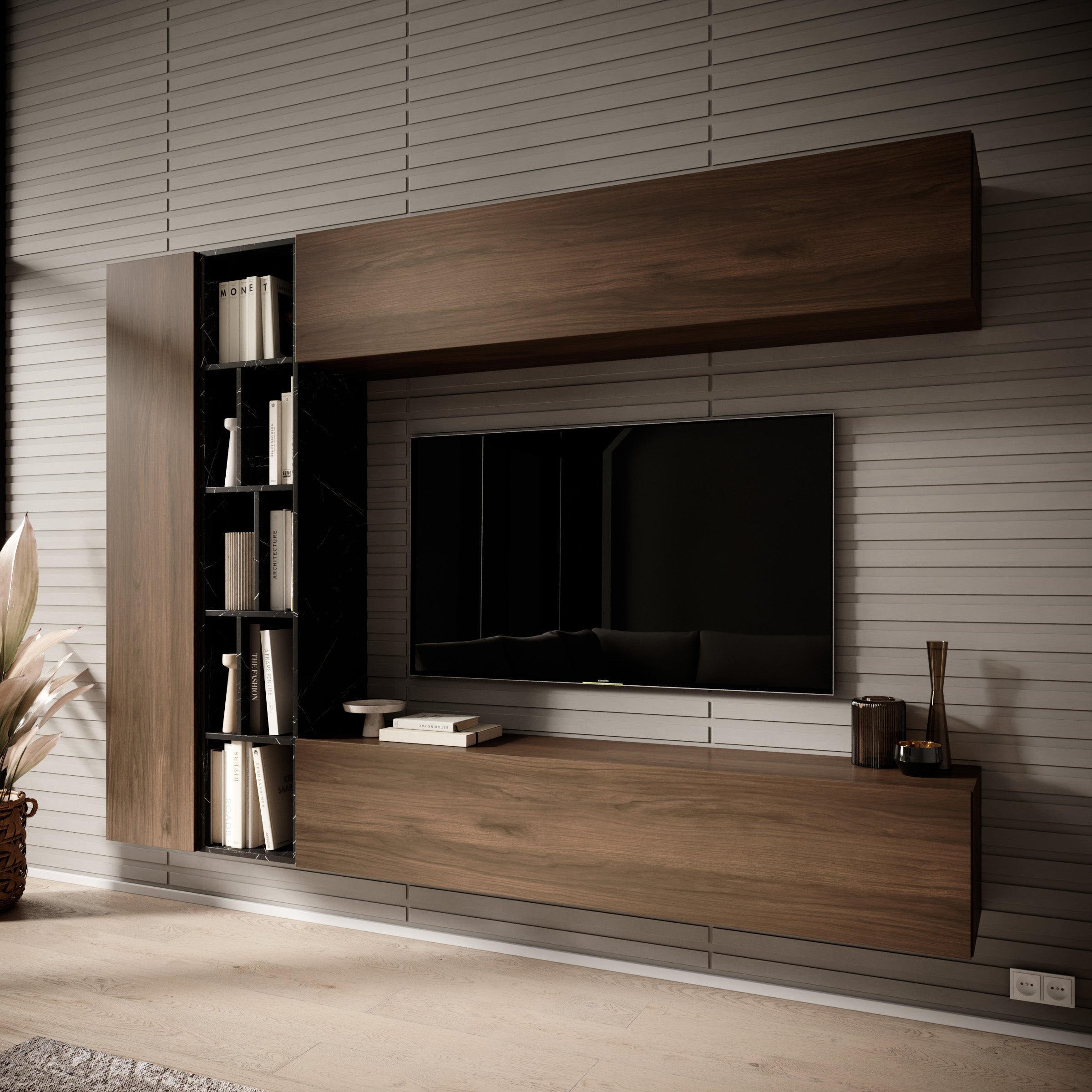 Kastila - Wandmeubel - Walnootpatroon/Zwart marmerlook - 224x33x160 cm