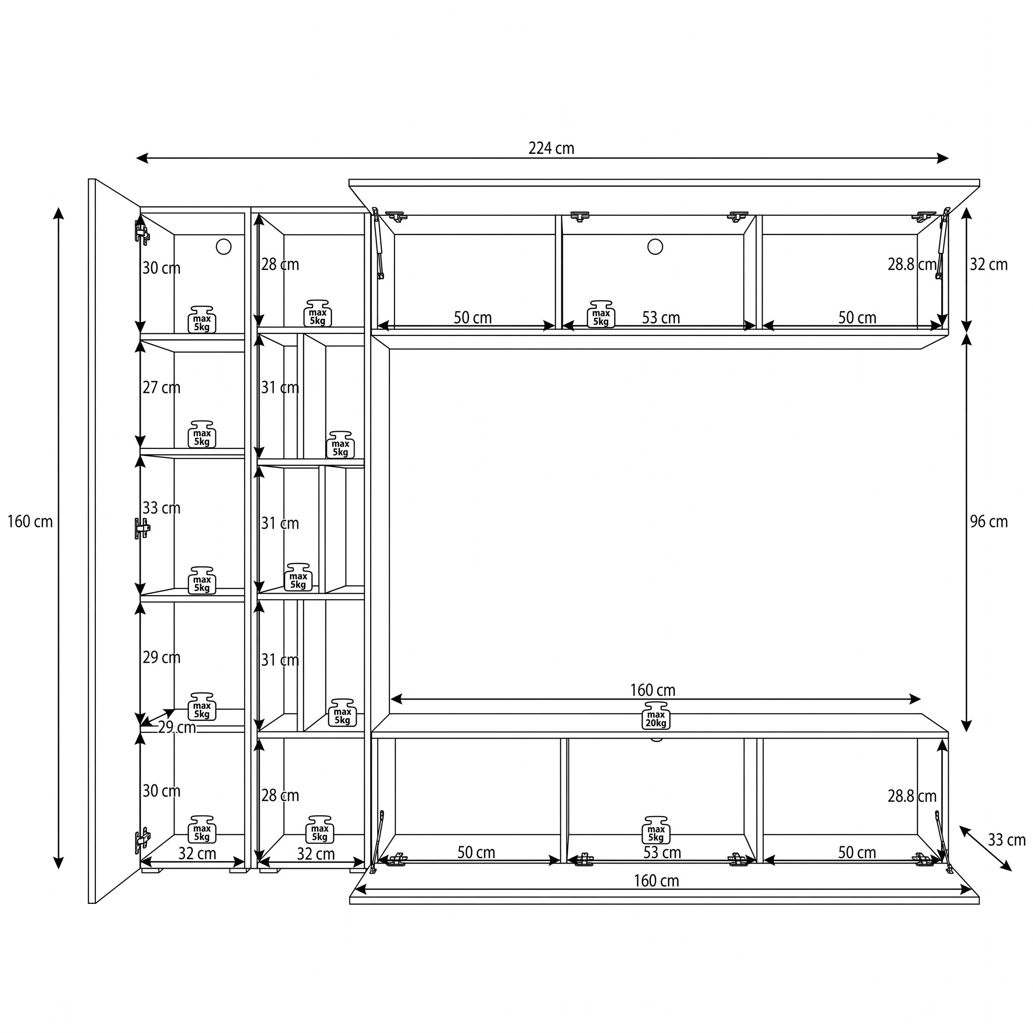 Kastila - Wandmeubel - Walnootpatroon/Zwart marmerlook - 224x33x160 cm