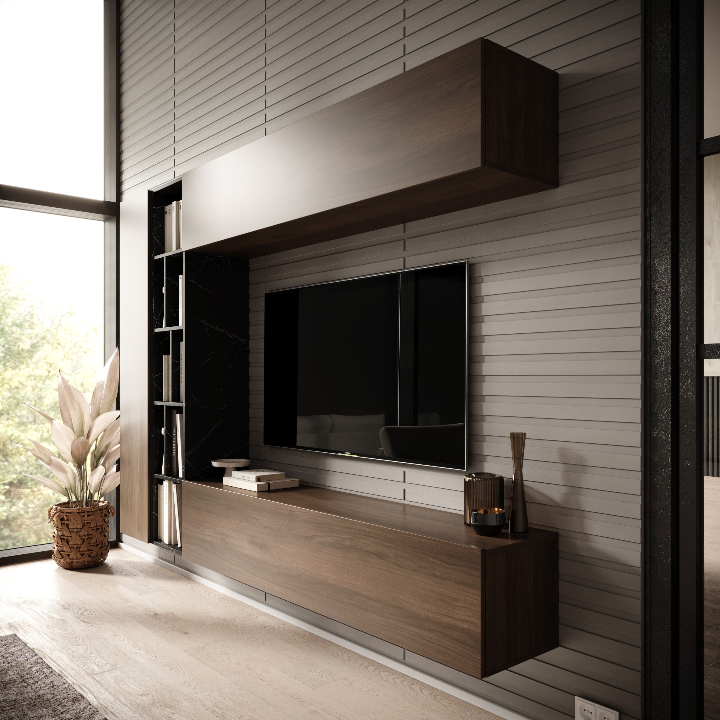 Kastila - Wandmeubel - Walnootpatroon/Zwart marmerlook - 224x33x160 cm