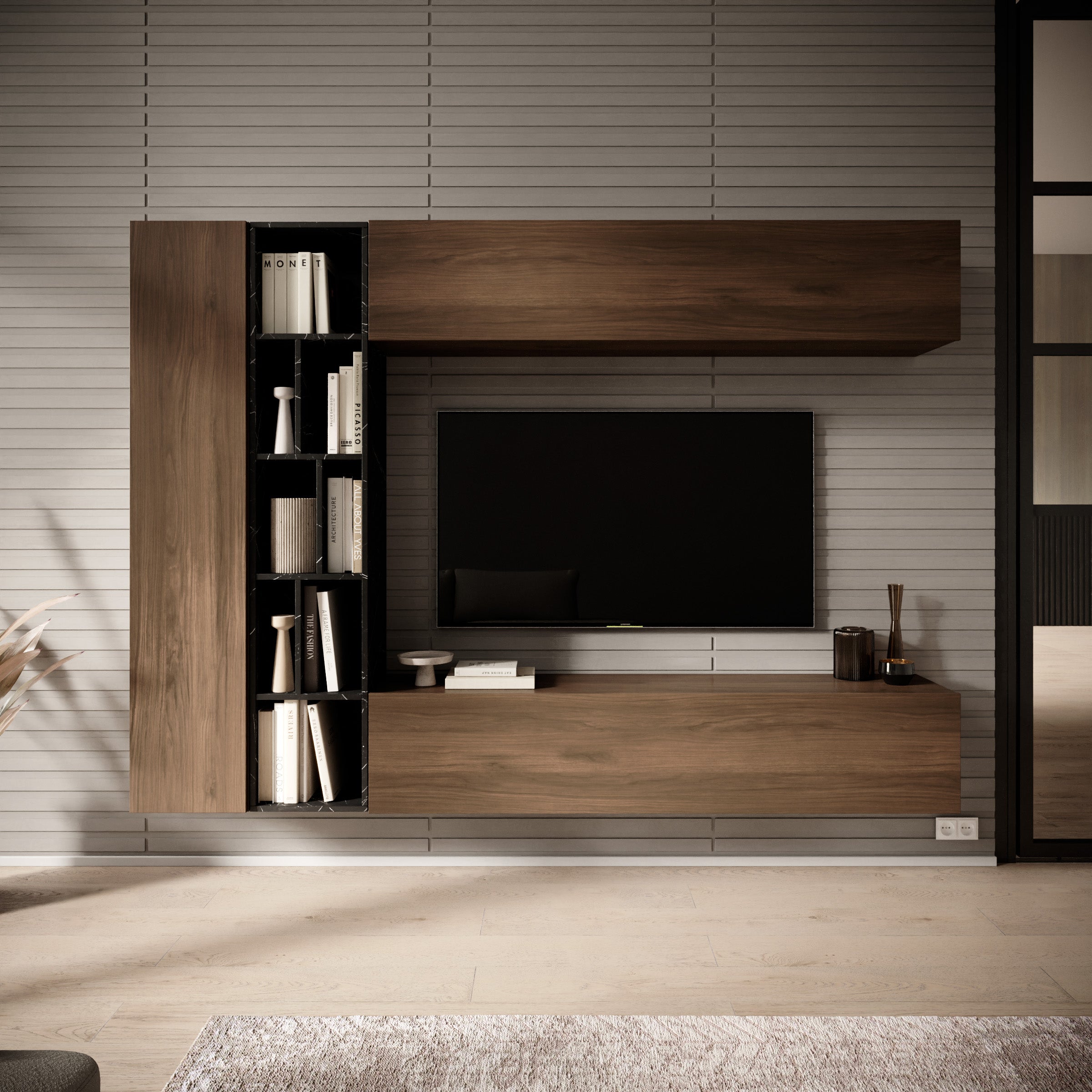 Kastila - Wandmeubel - Walnootpatroon/Zwart marmerlook - 224x33x160 cm