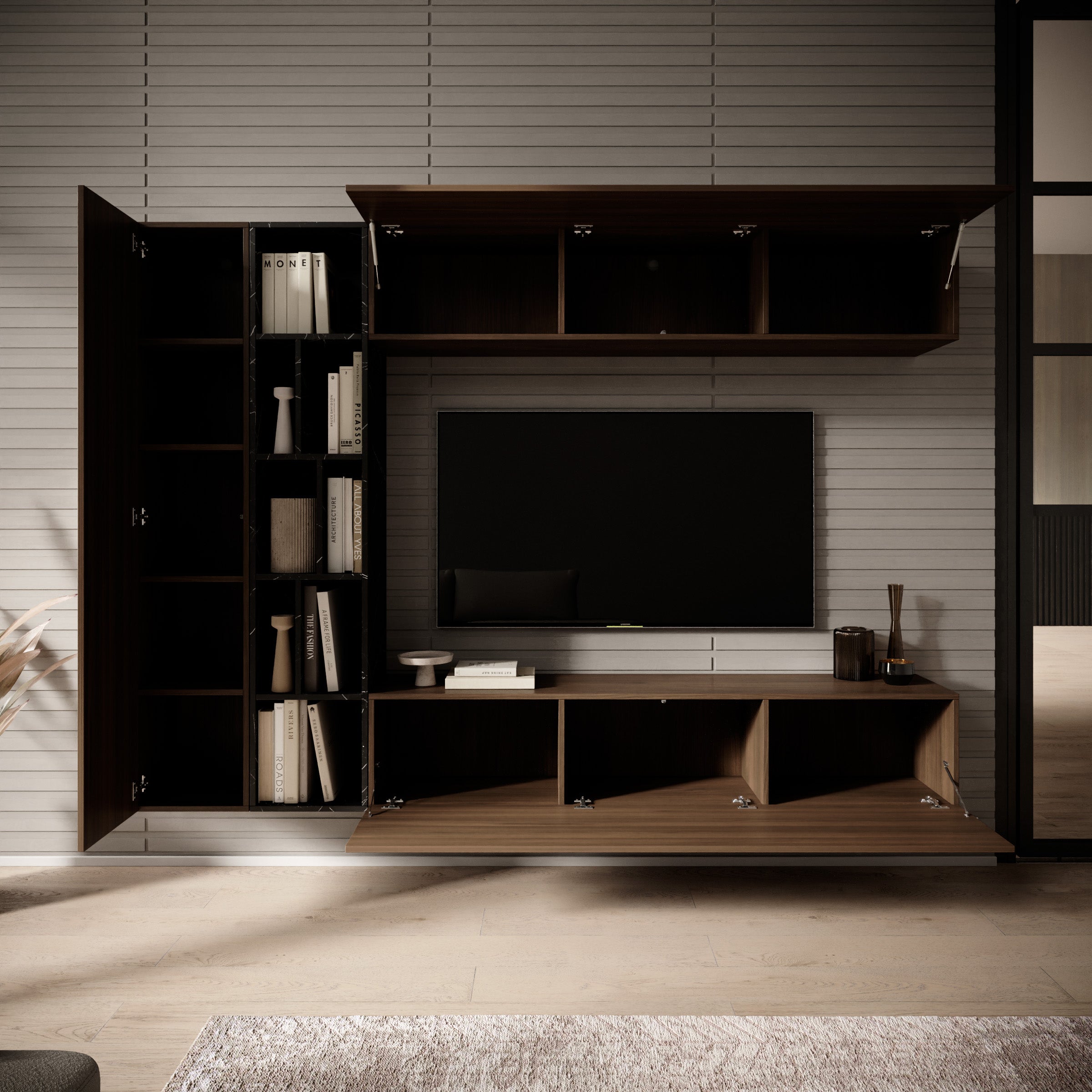 Kastila - Wandmeubel - Walnootpatroon/Zwart marmerlook - 224x33x160 cm