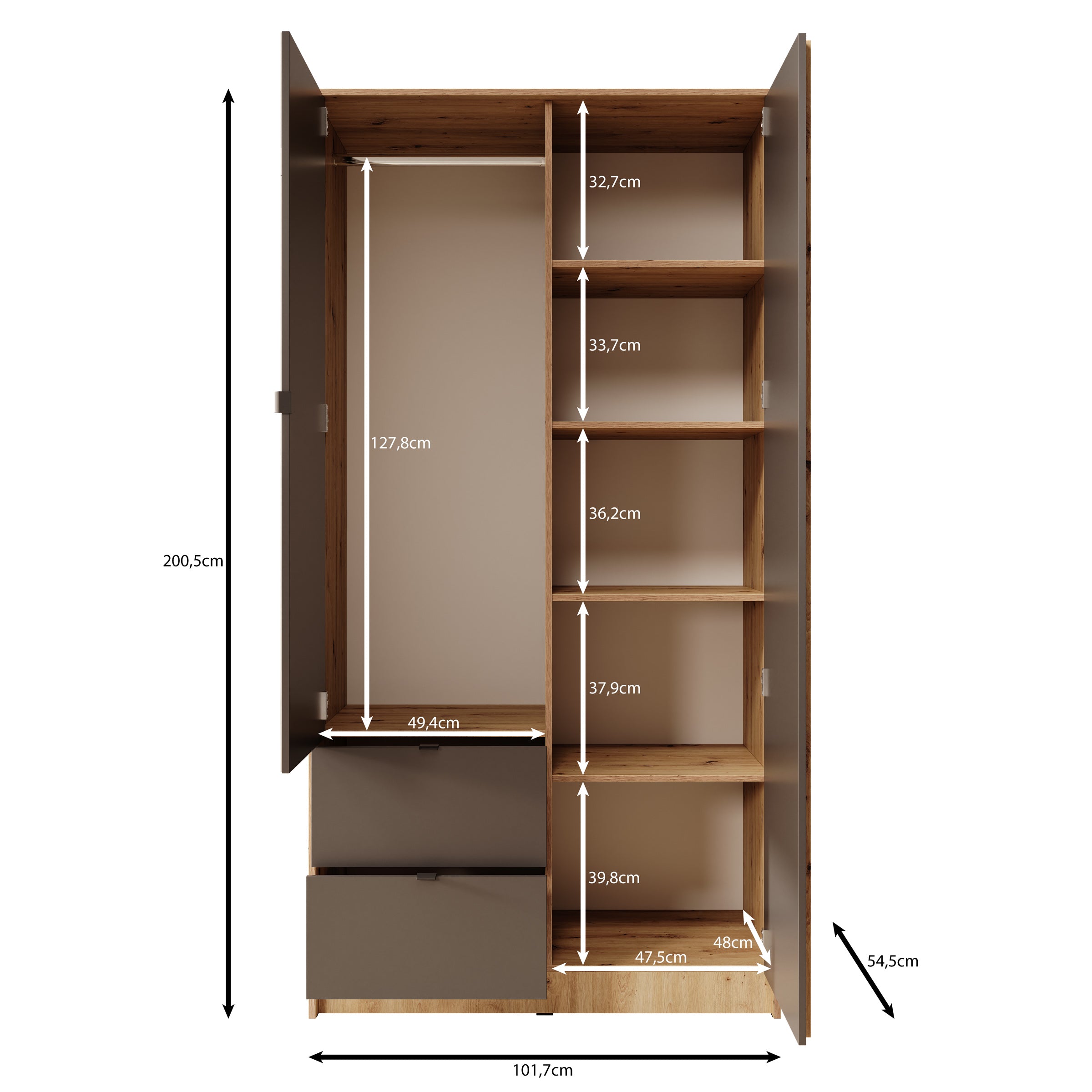 Kavalli - Kledingkast met 2 deuren - Eikenpatroon - 102x55x201 cm