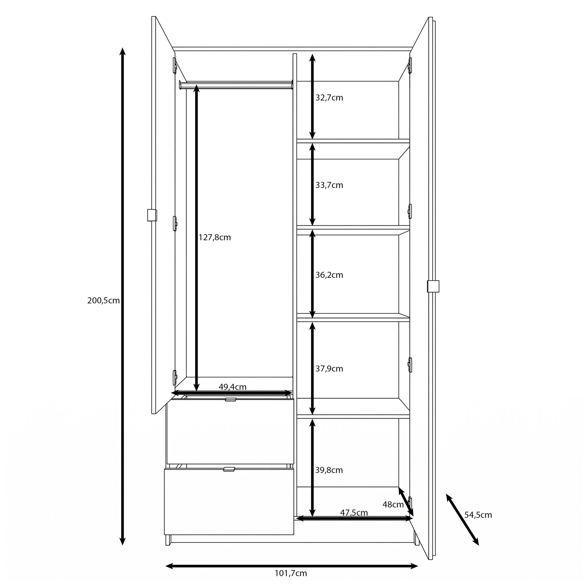 Kavalli - Kledingkast met 2 deuren - Eikenpatroon - 102x55x201 cm