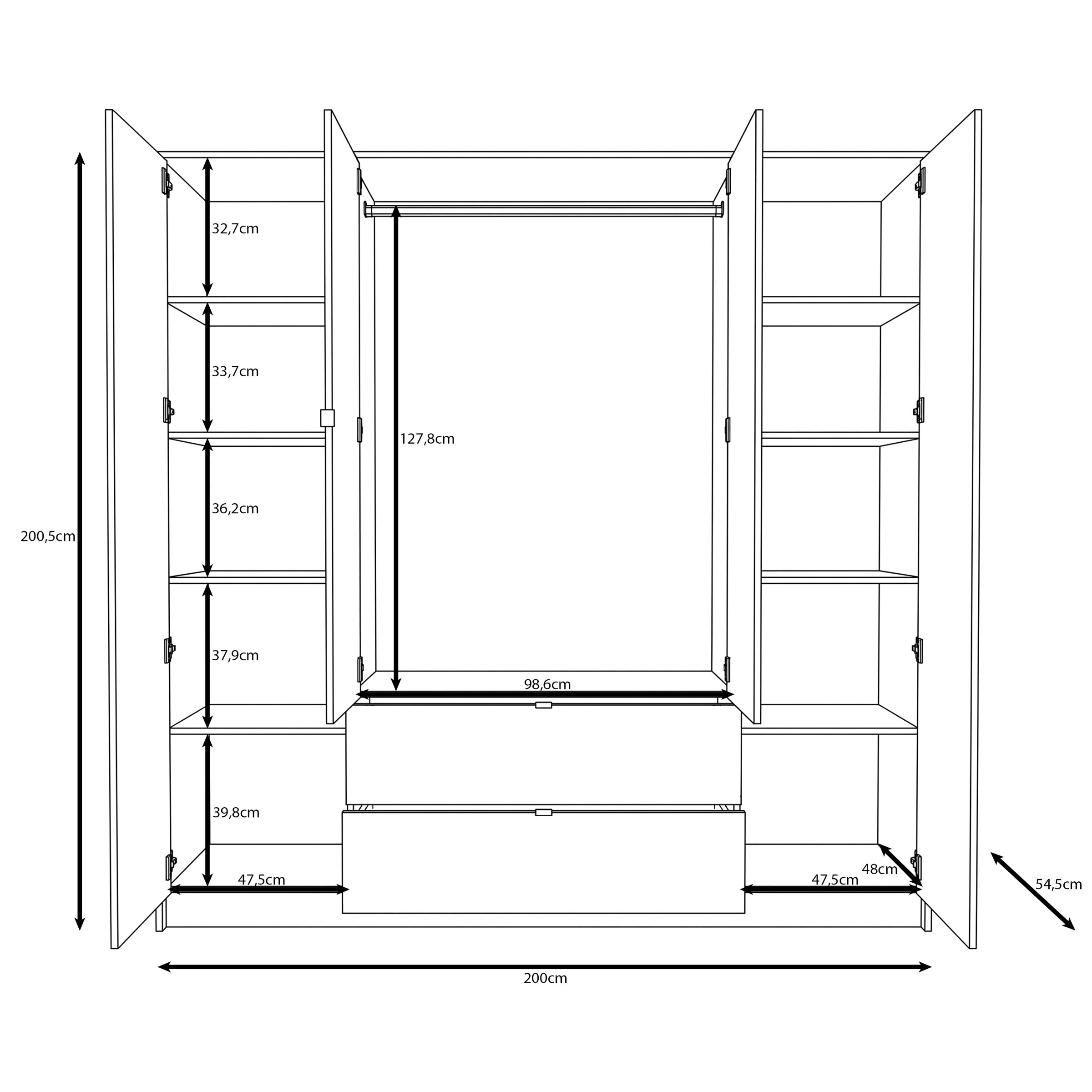 Kavalli - Kledingkast met 4 deuren - Eikenpatroon - 200x55x201 cm
