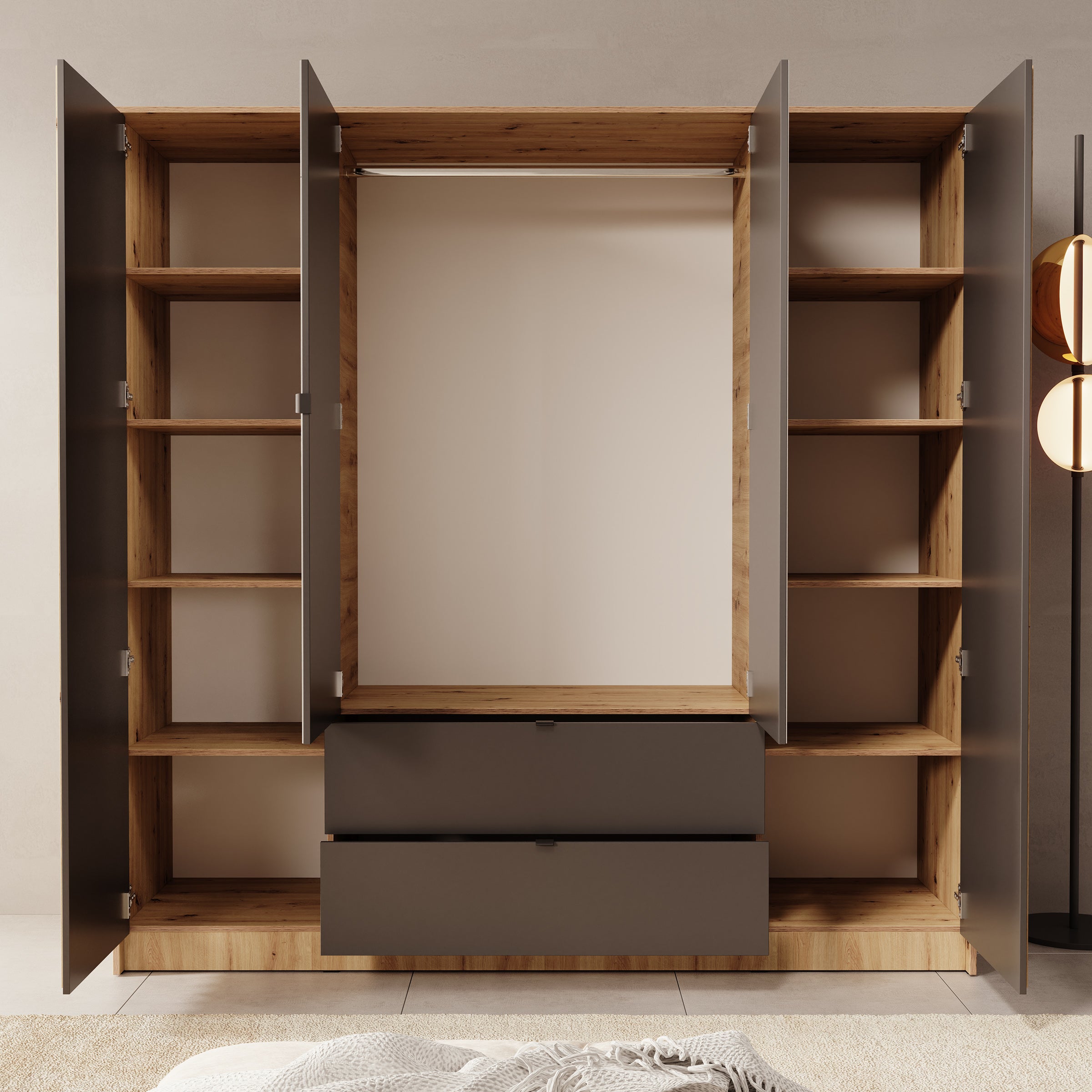 Kavalli - Kledingkast met 4 deuren - Eikenpatroon - 200x55x201 cm
