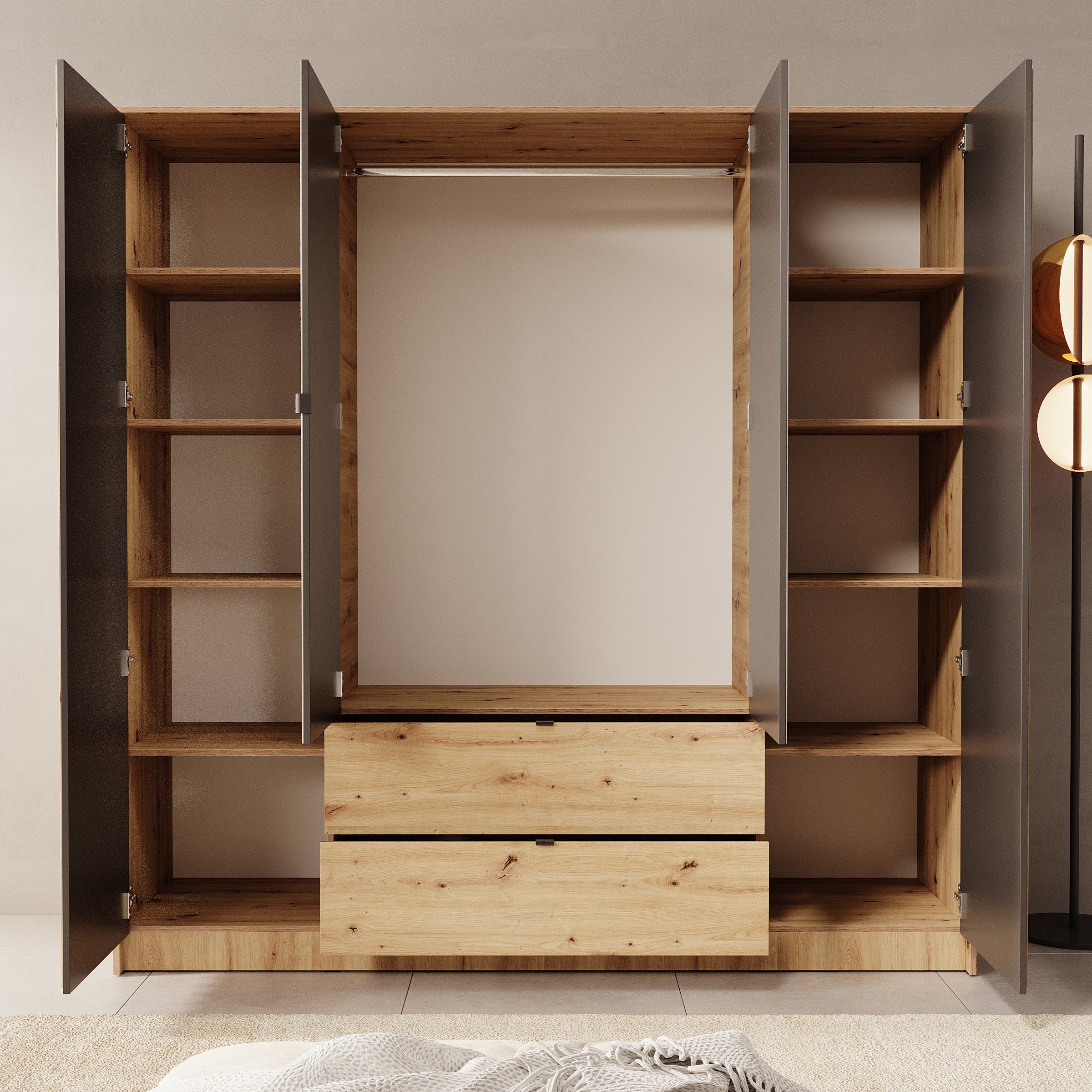 Kavalli - Kledingkast met 4 deuren - Eikenpatroon - 200x55x201 cm