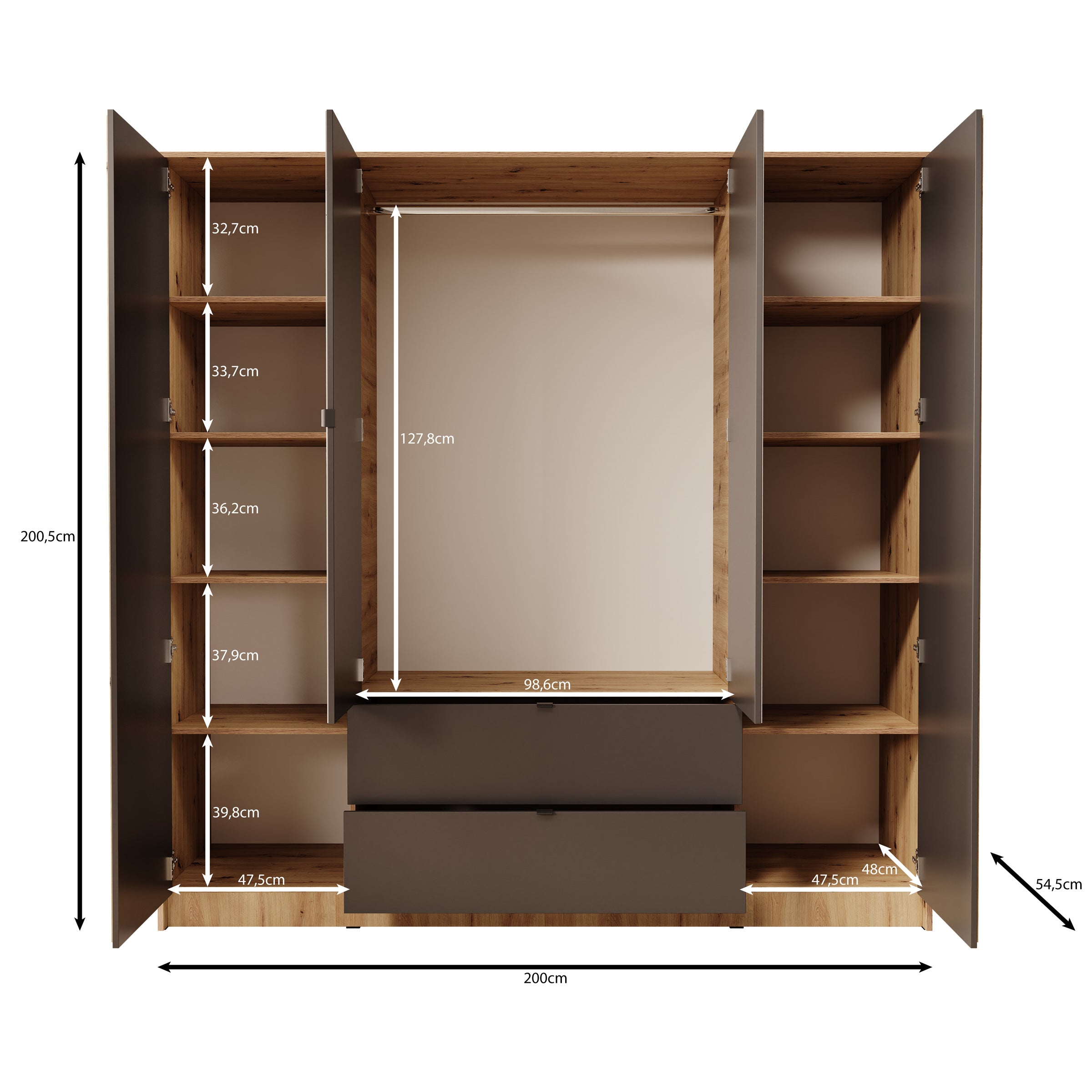 Kavalli - Kledingkast met 4 deuren - Zwart - 200x55x201 cm