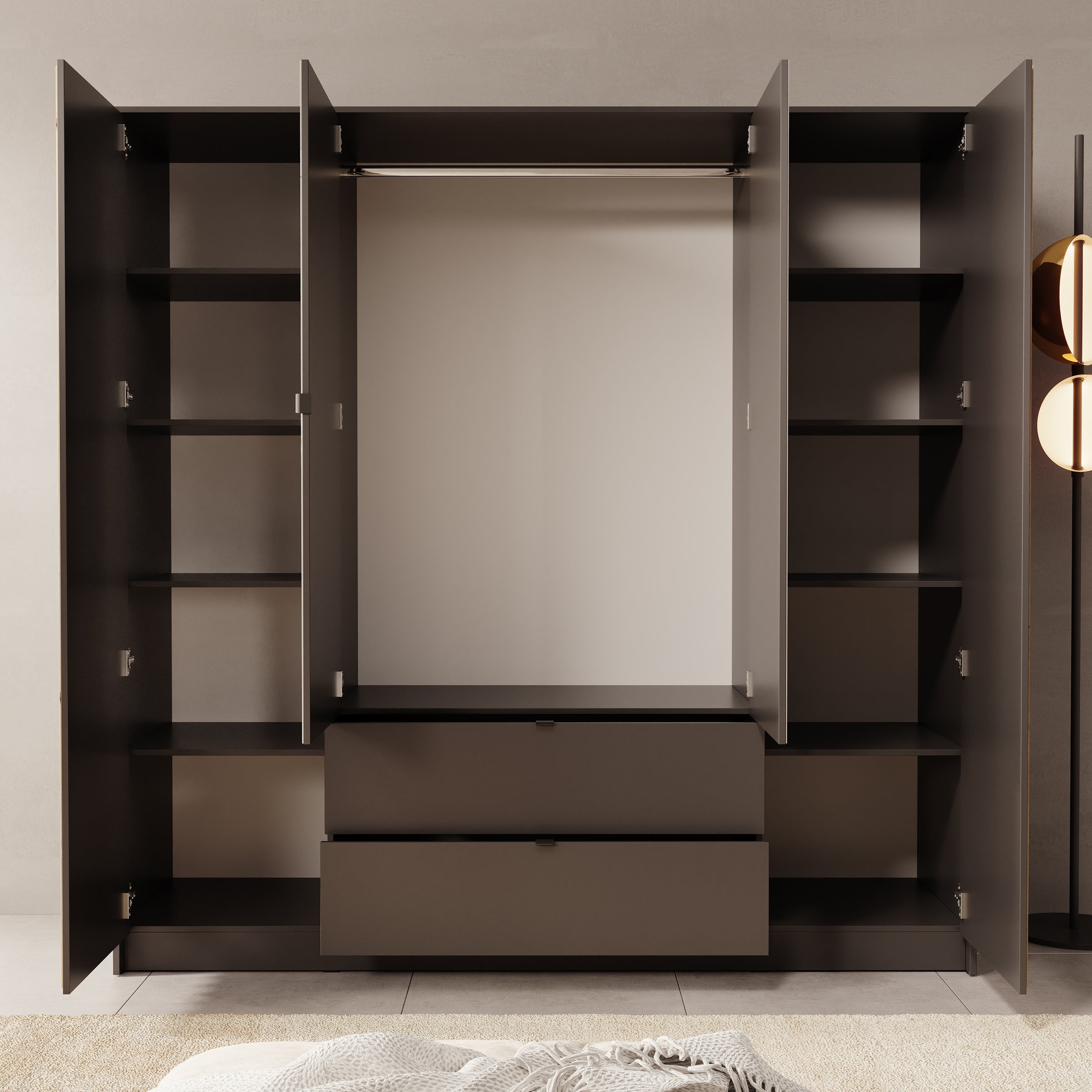 Kavalli - Kledingkast met 4 deuren - Zwart - 200x55x201 cm