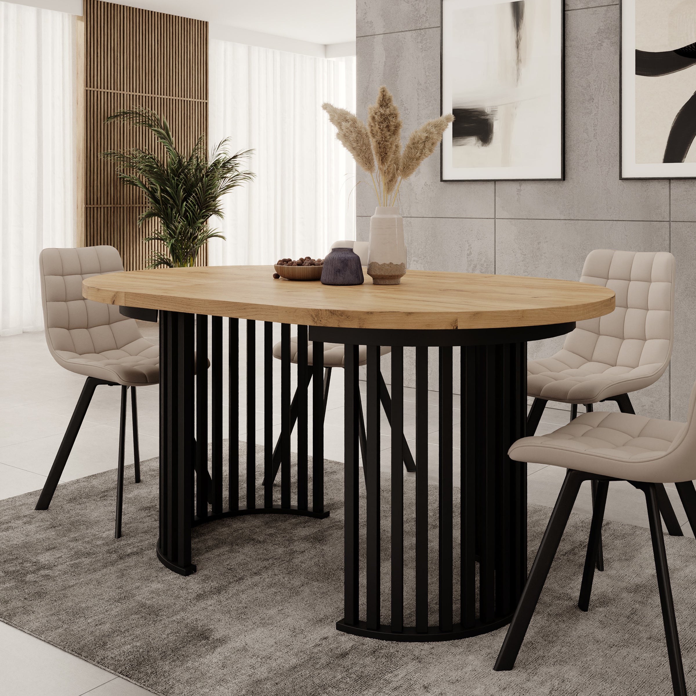 Kaya - Eetkamertafel - Eikenpatroon/Zwart - Uitschuifbaar - 100/150/200x76 cm