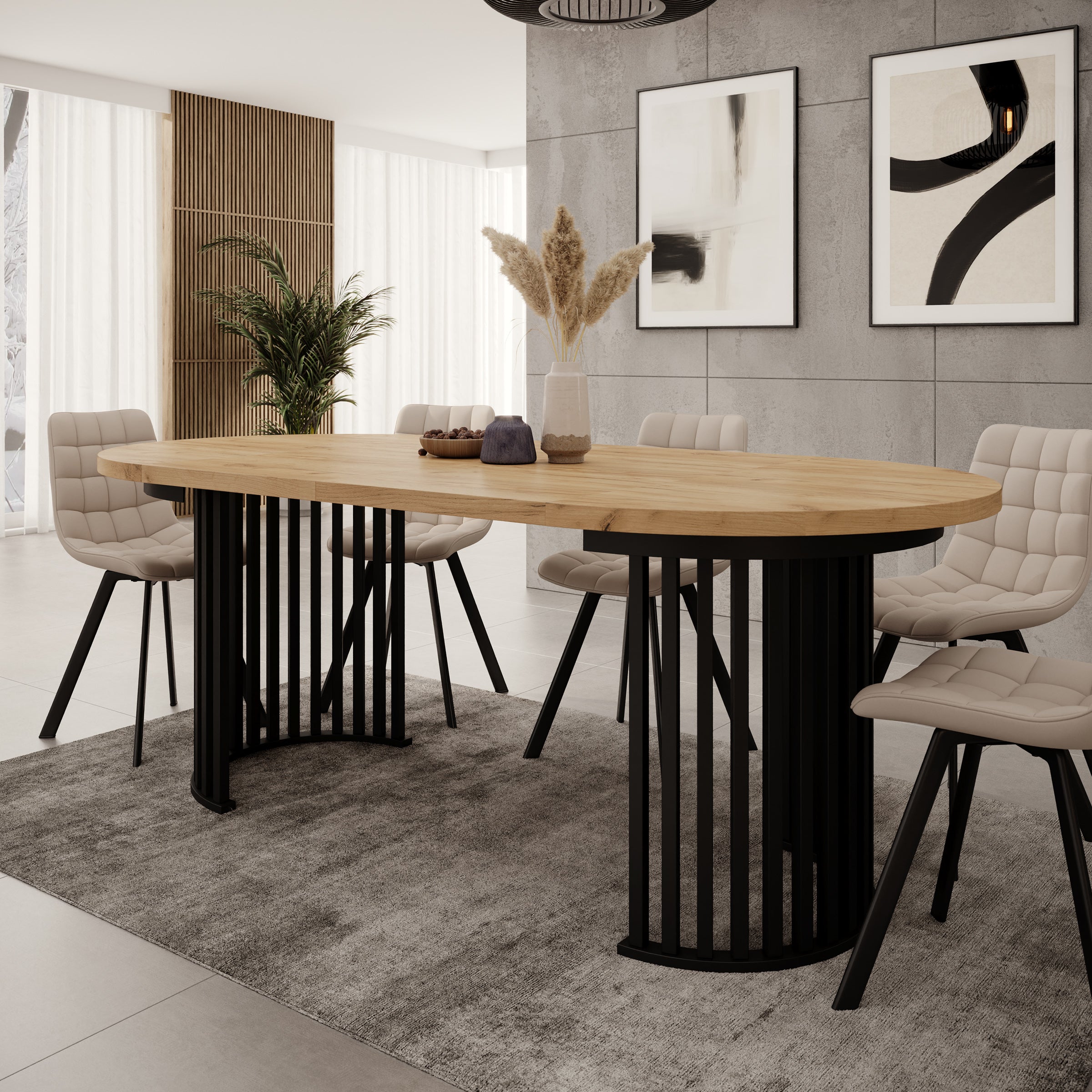 Kaya - Eetkamertafel - Eikenpatroon/Zwart - Uitschuifbaar - 100/150/200x76 cm