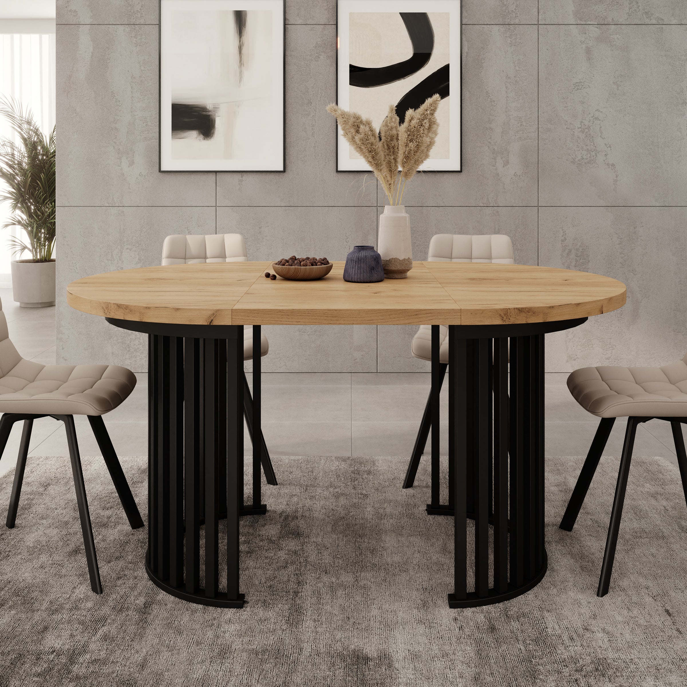 Kaya - Eetkamertafel - Eikenpatroon/Zwart - Uitschuifbaar - 100/150/200x76 cm
