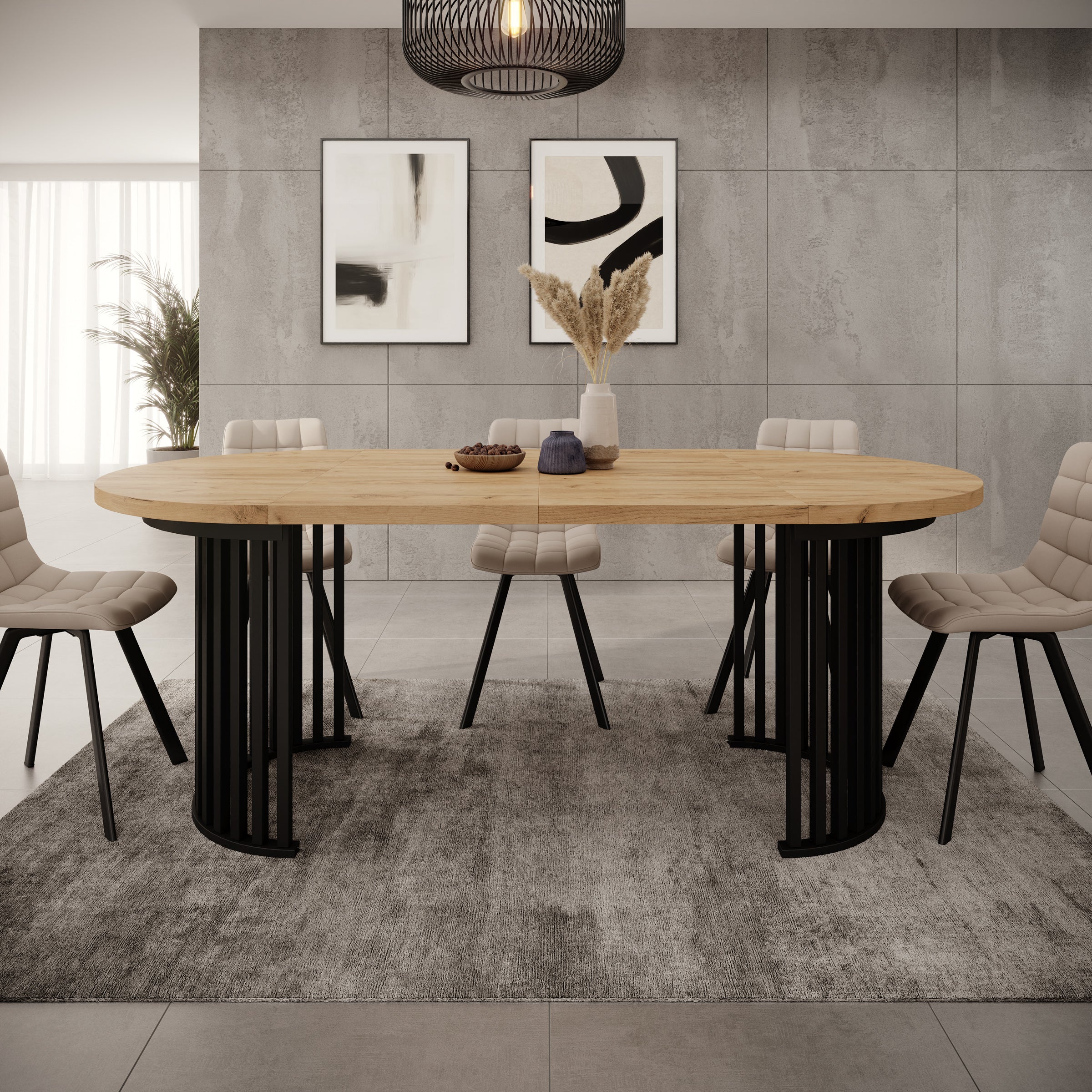 Kaya - Eetkamertafel - Eikenpatroon/Zwart - Uitschuifbaar - 100/150/200x76 cm