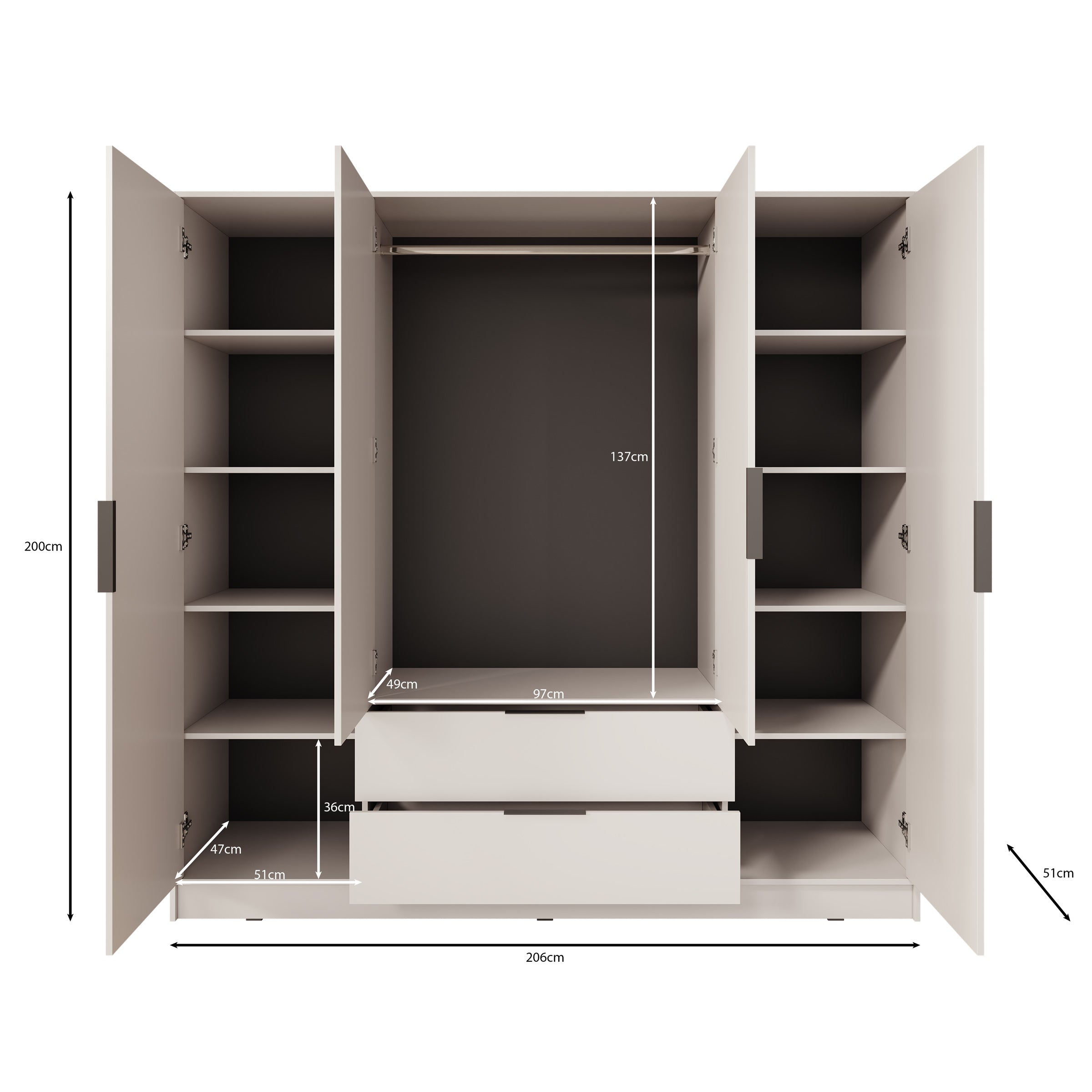 Kellan - Kledingkast 4-deurs - Grijs - 206x51x200 cm