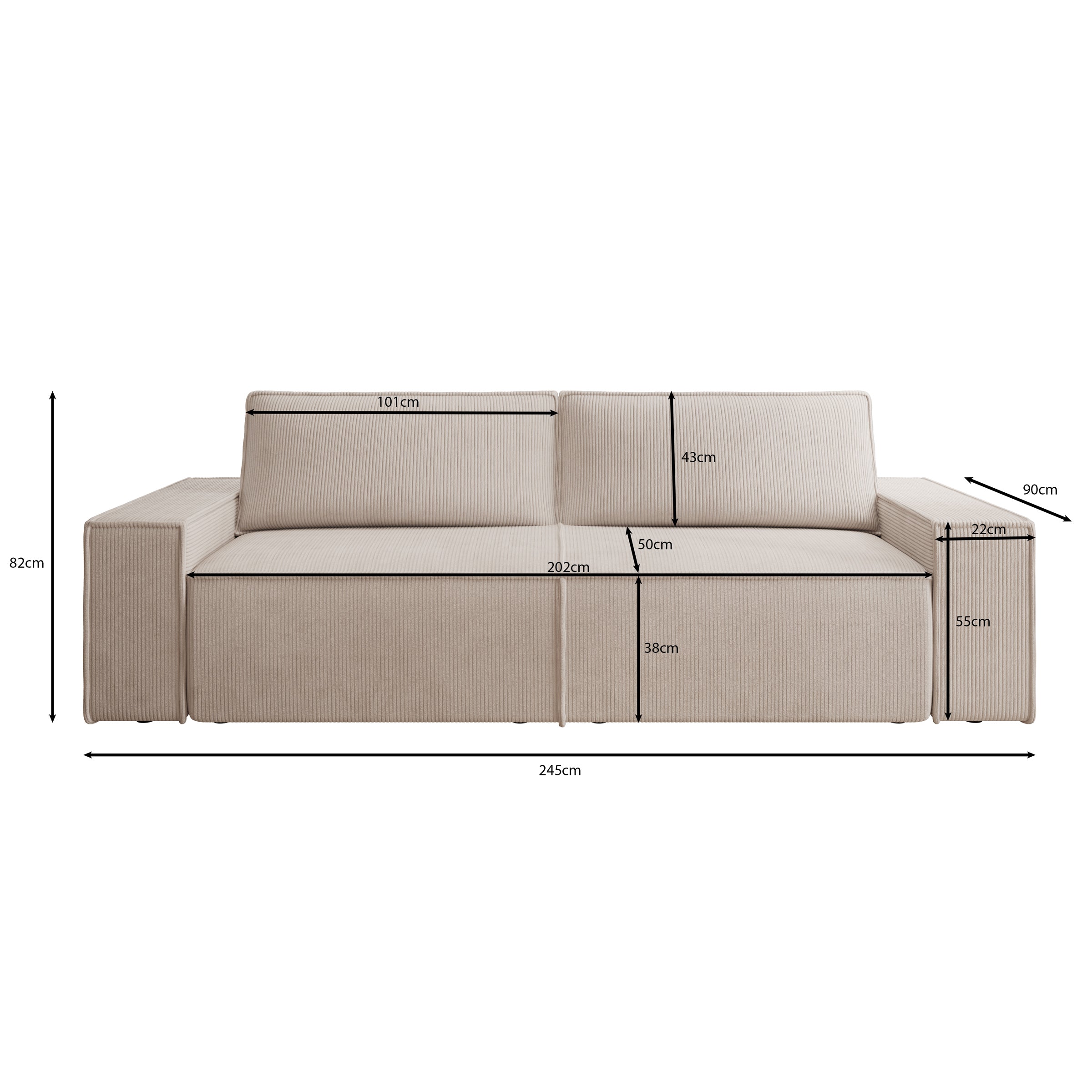 Khaos - 3-zitsbank - Ribstof grijs - 245x90x82 cm
