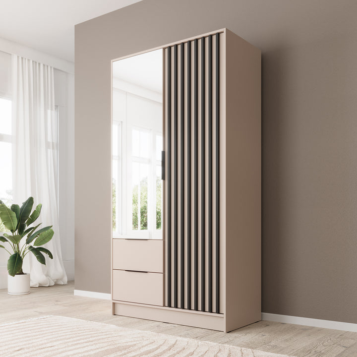 Nairobi - Kledingkast met spiegel - Beige/zwart - 105x51x200 cm