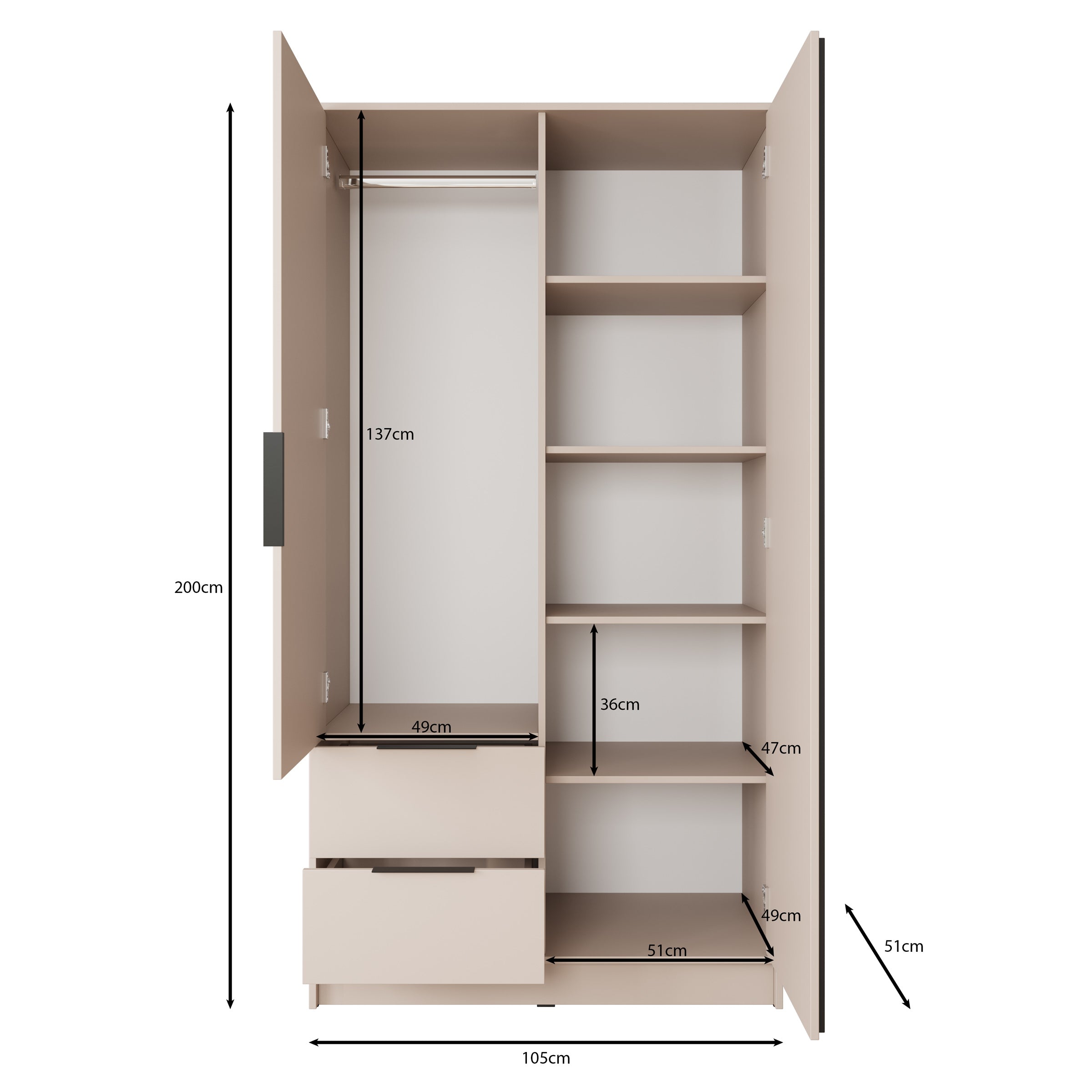 Nairobi - Kledingkast 2-deurs - Beige/eiken - 105x51x200 cm