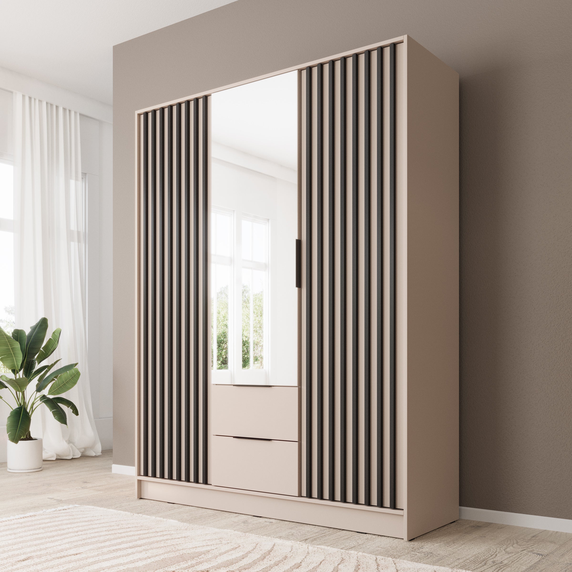 Nairobi - Kledingkast met spiegel - Beige/eiken - 155x51x200 cm