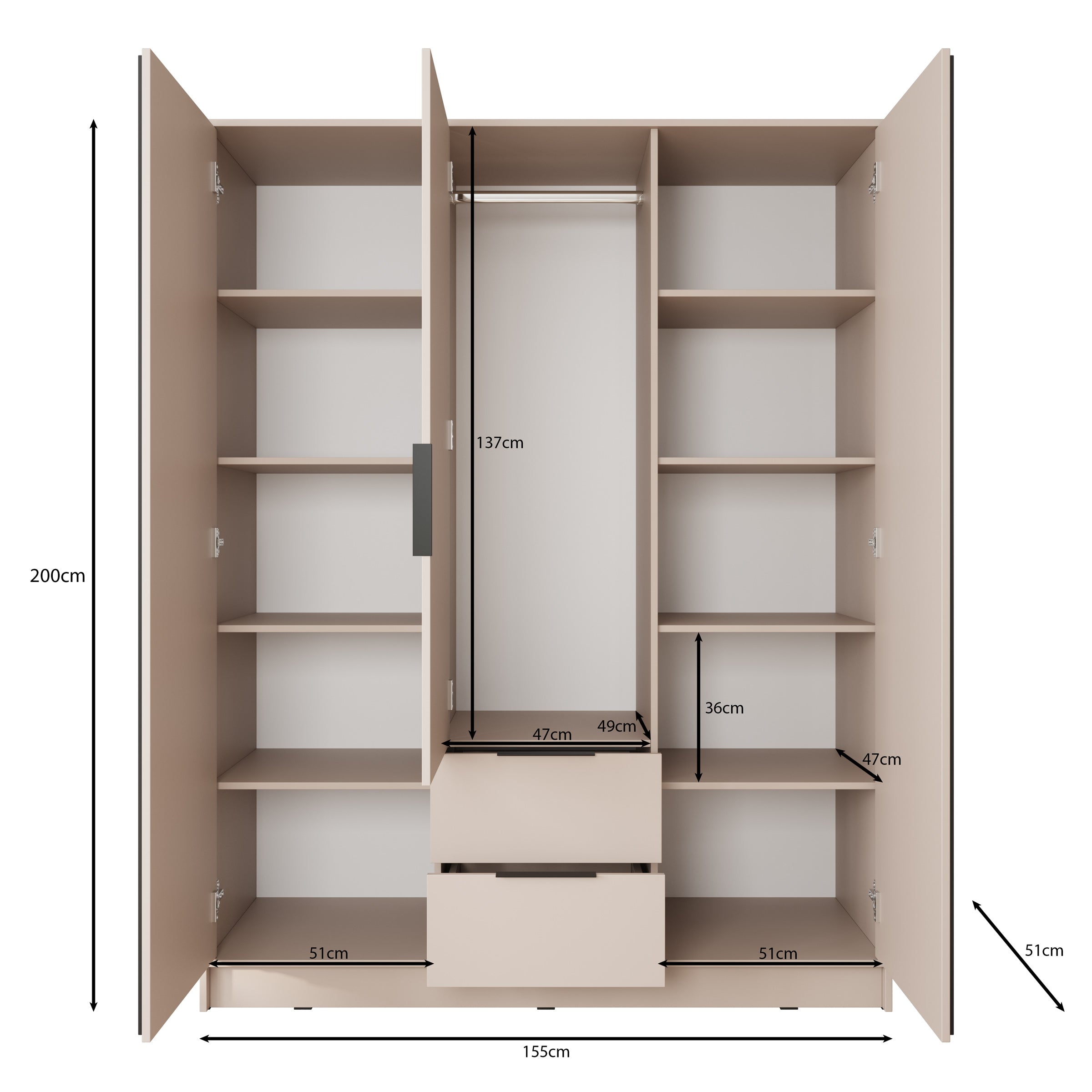 Nairobi - Kledingkast met spiegel - Beige/eiken - 155x51x200 cm