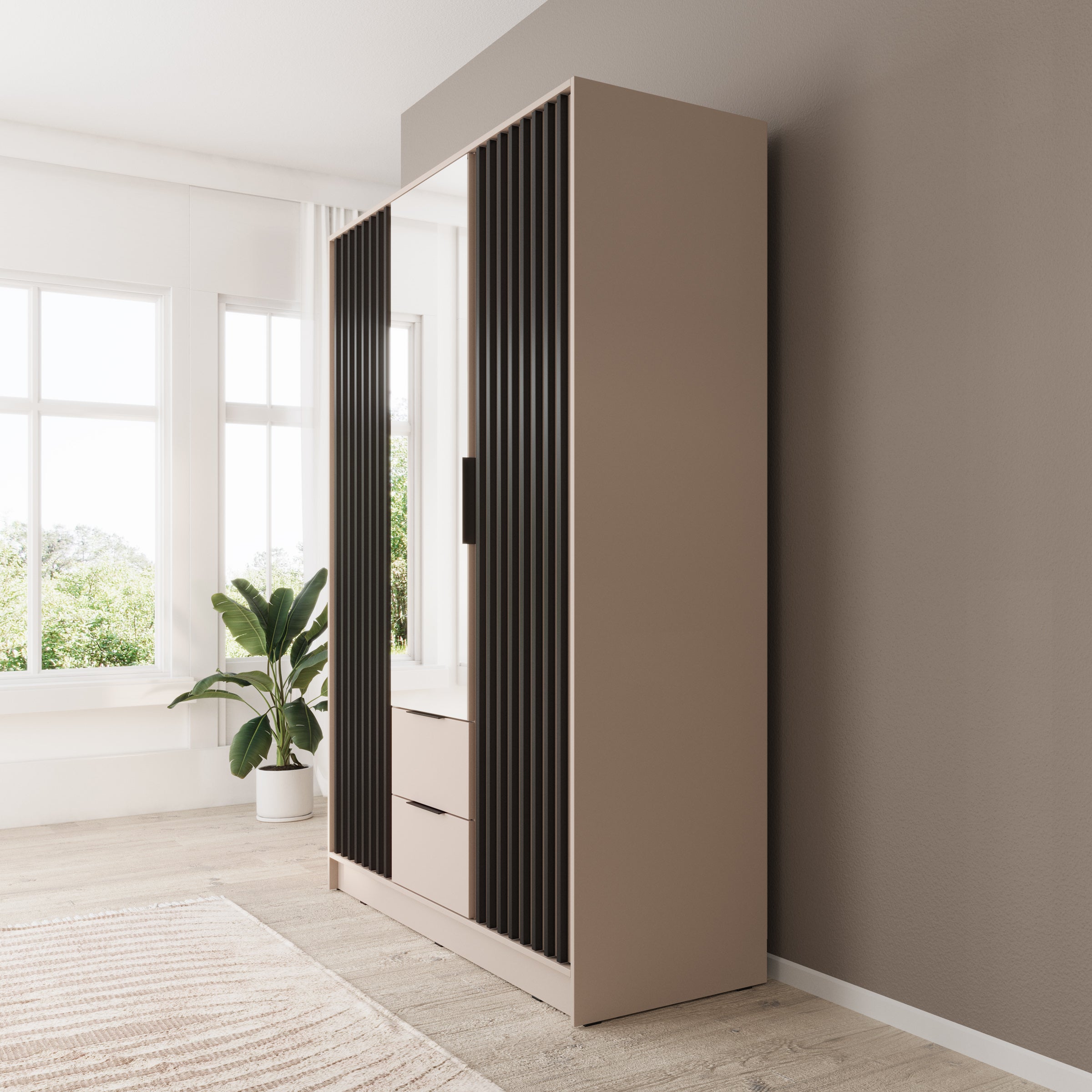 Nairobi - Kledingkast met spiegel - Beige/eiken - 155x51x200 cm