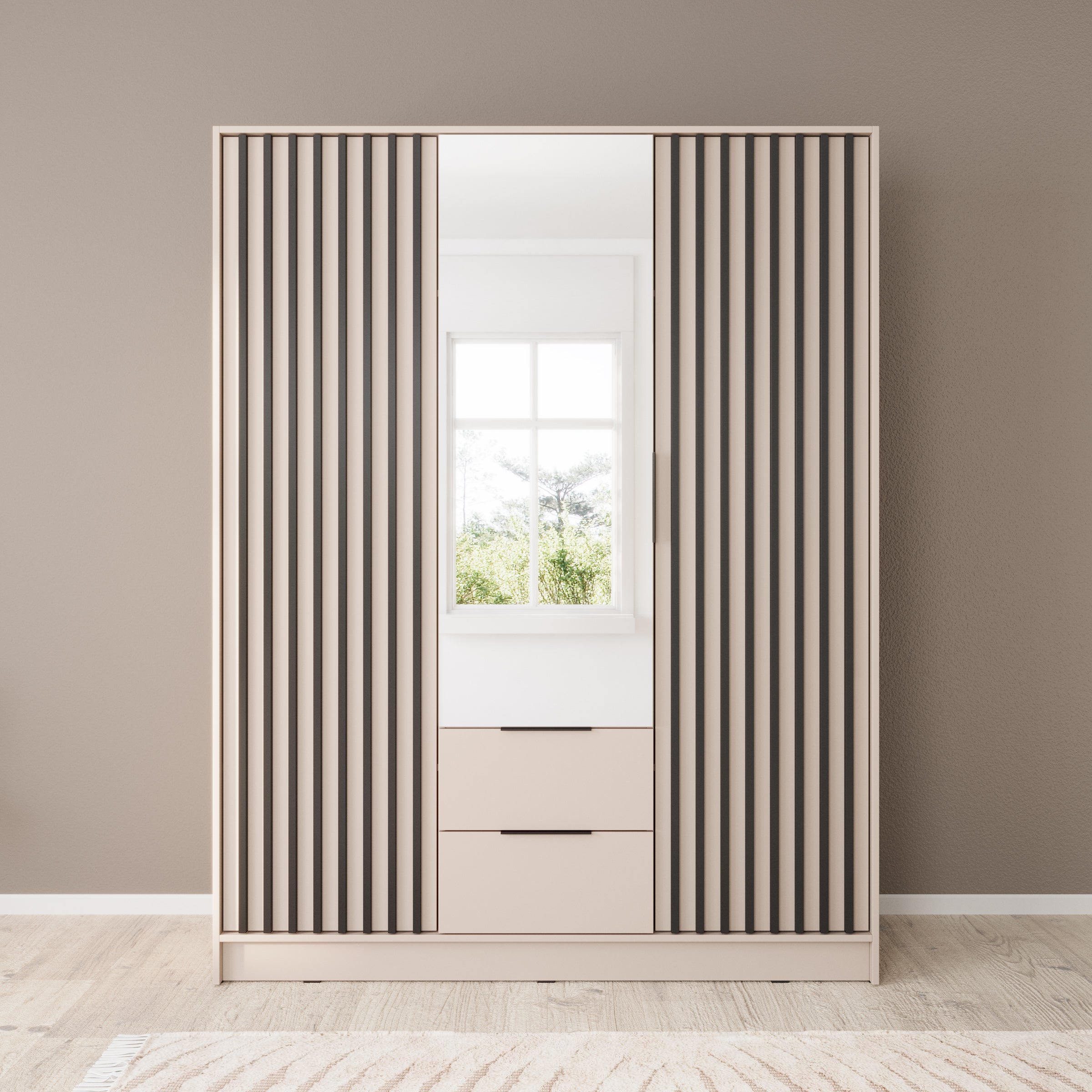 Nairobi - Kledingkast met spiegel - Beige/eiken - 155x51x200 cm