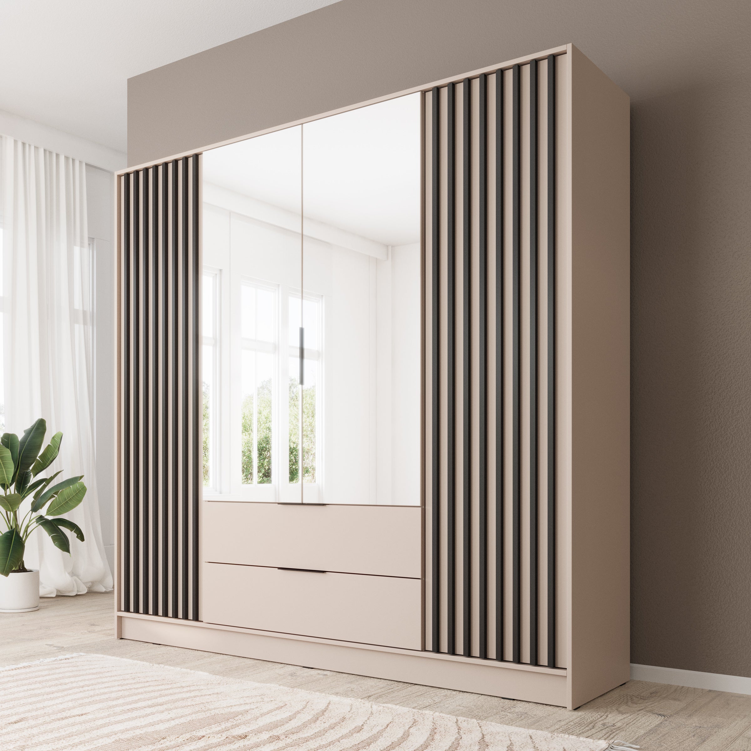 Nairobi - Kledingkast met spiegel - Beige/zwart  - 206x51x200 cm