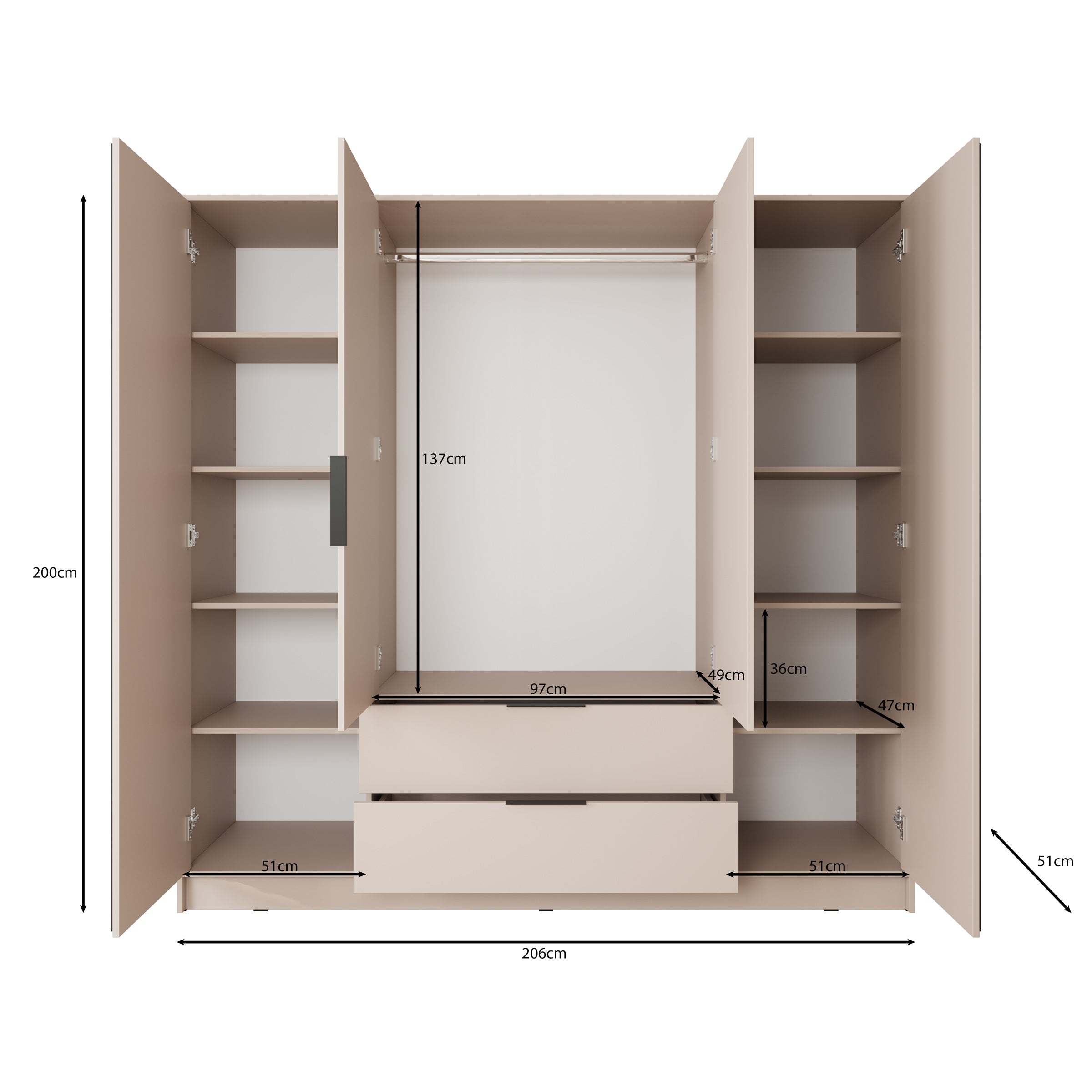 Nairobi - Kledingkast met spiegel - Beige/zwart  - 206x51x200 cm