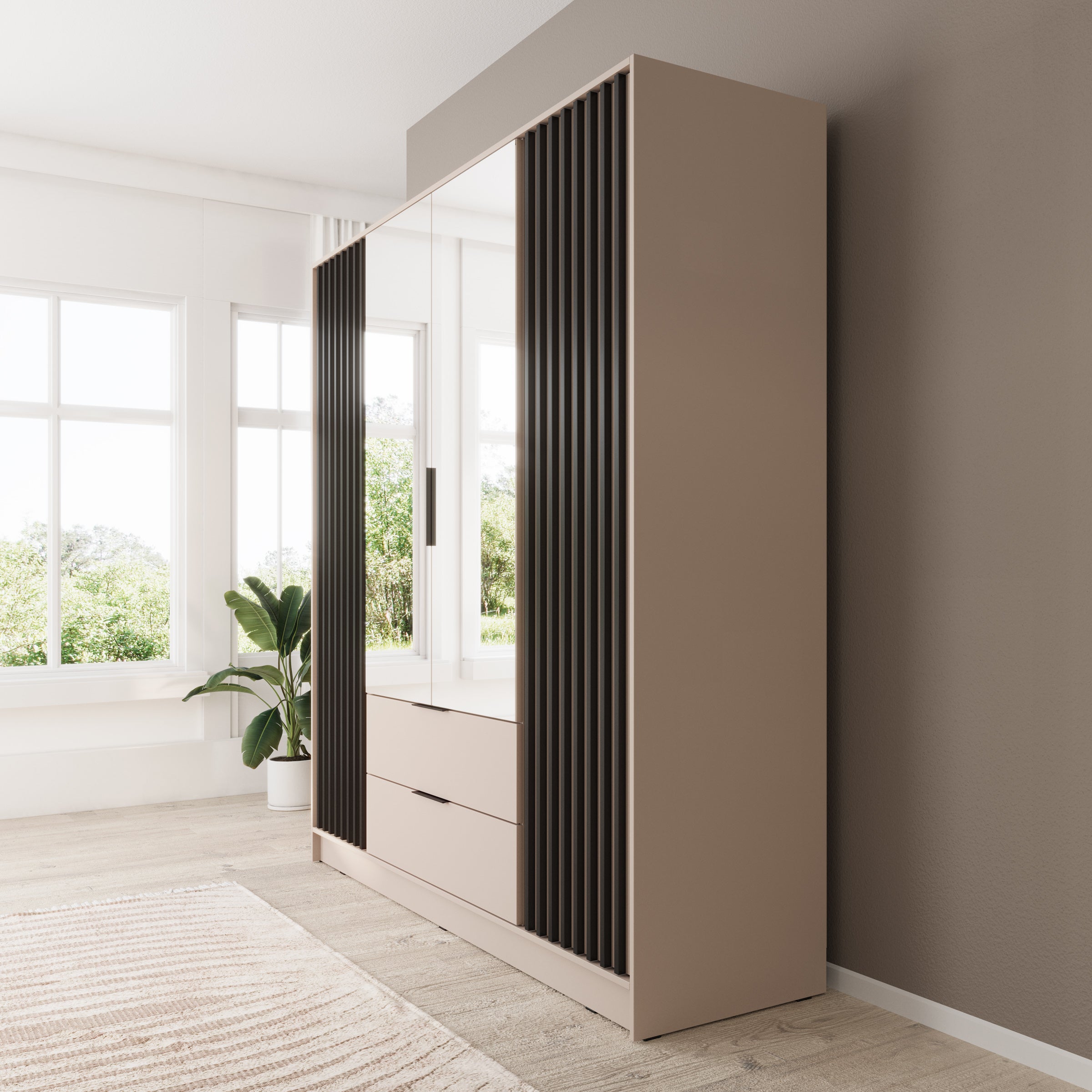 Nairobi - Kledingkast met spiegel - Beige/zwart  - 206x51x200 cm