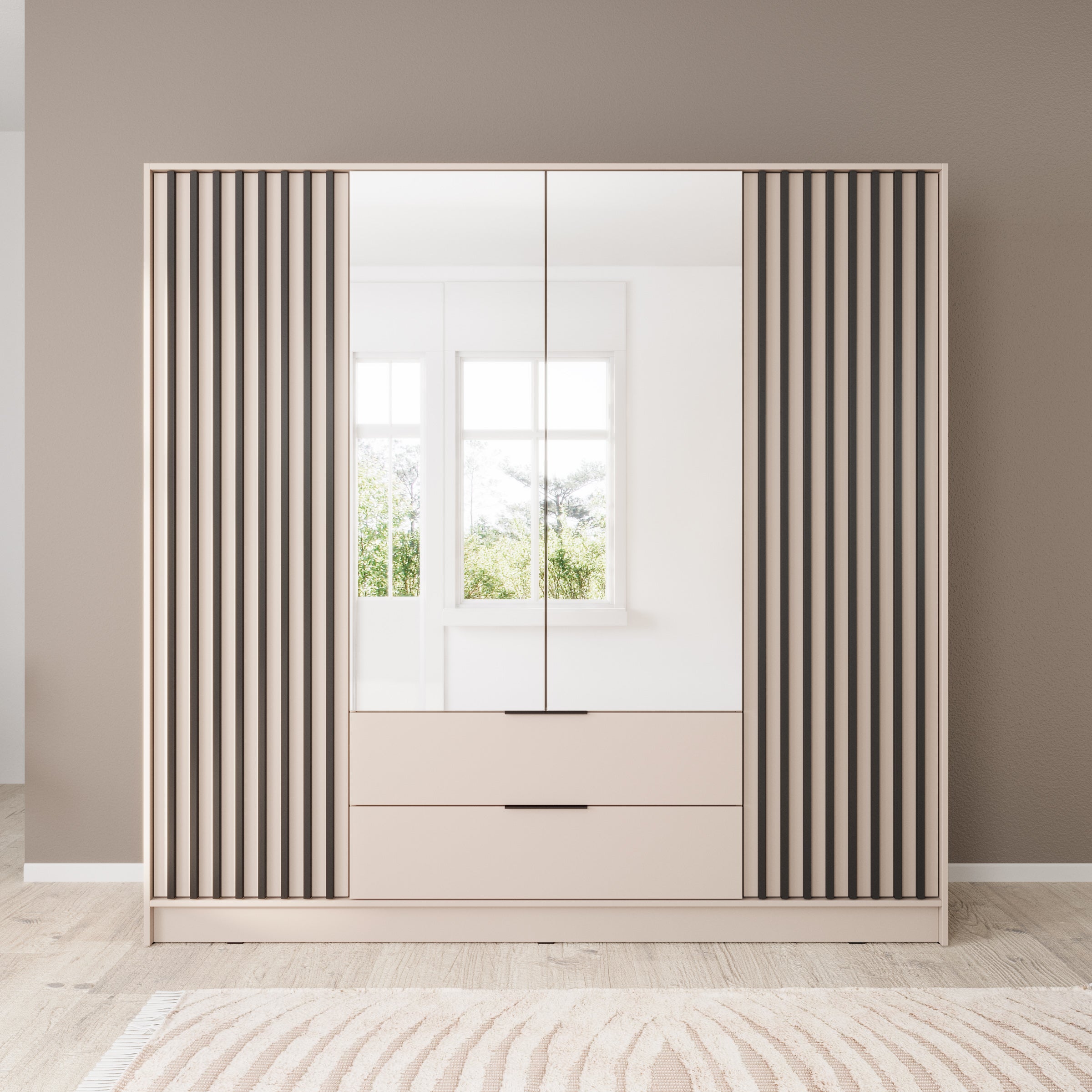 Nairobi - Kledingkast met spiegel - Beige/zwart  - 206x51x200 cm