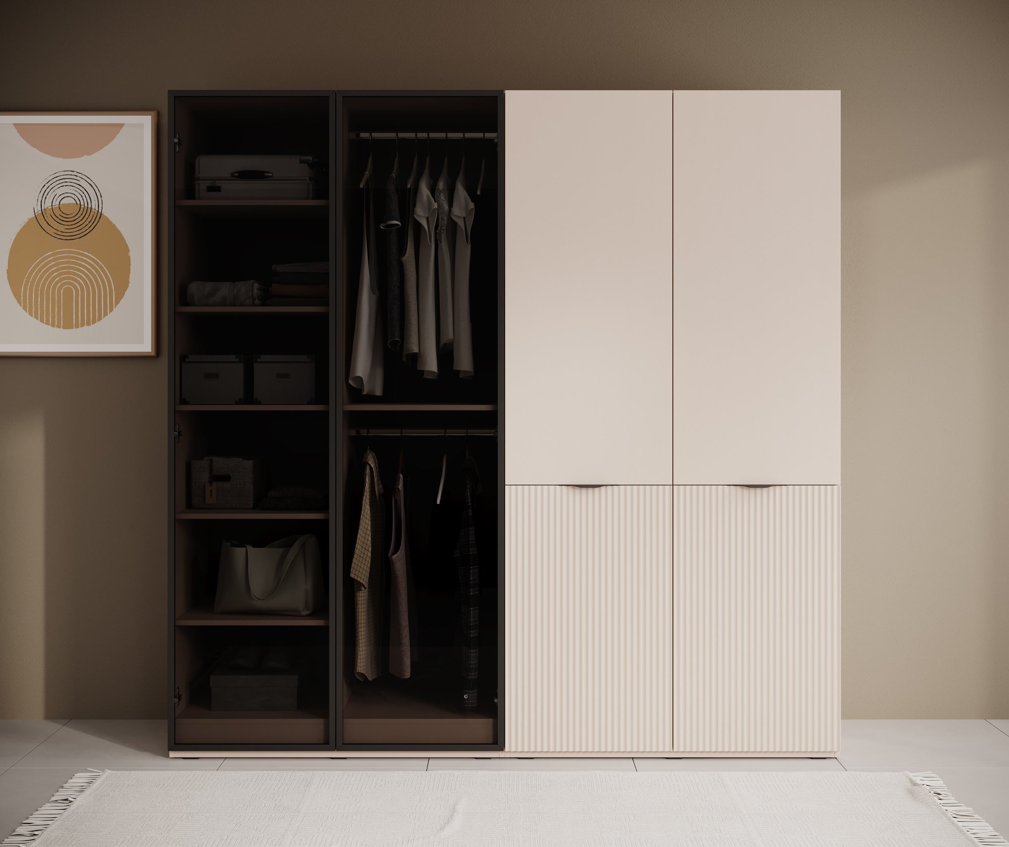 Shelton - Kledingkast 4-deurs van glas - Beige