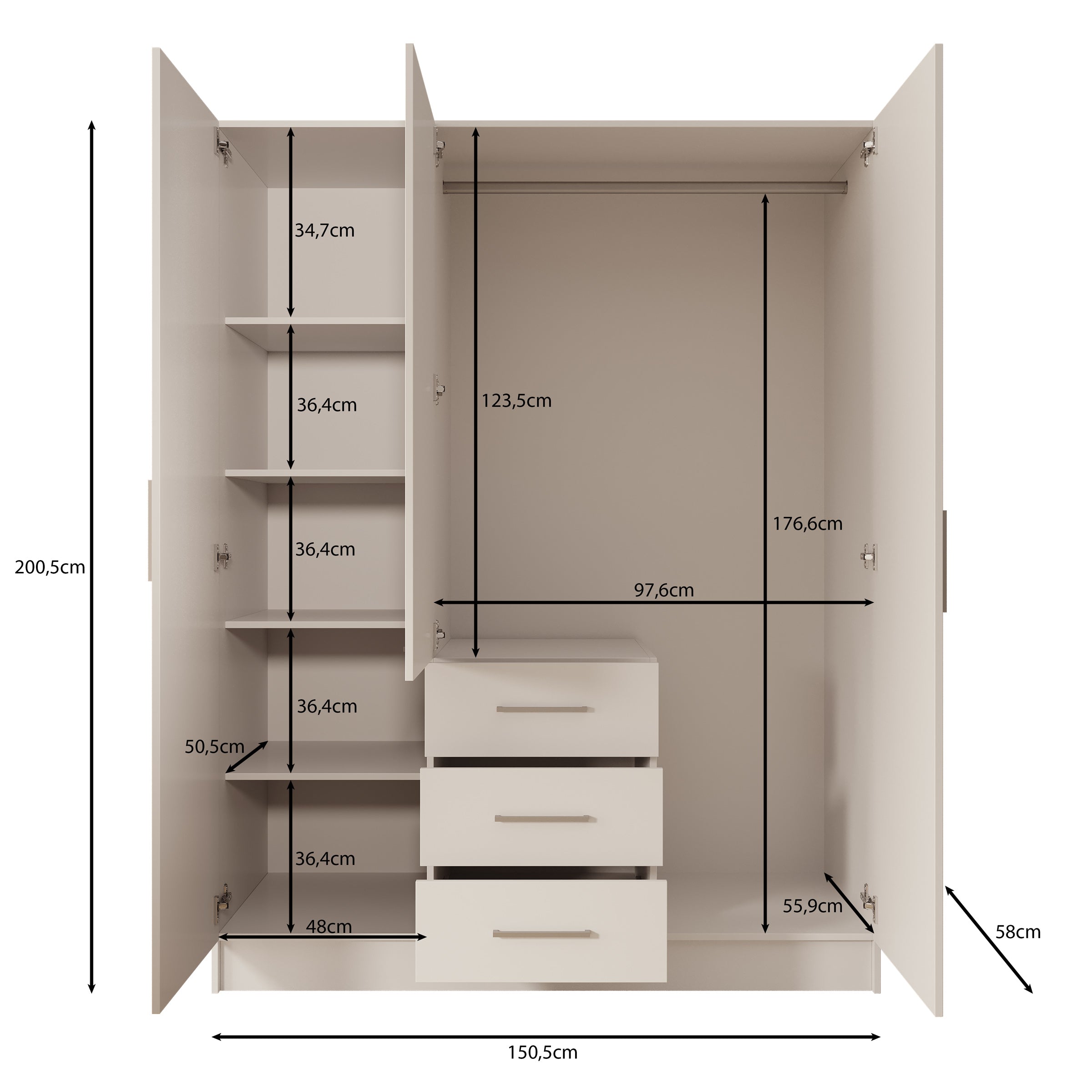 Komodo - Kledingkast met 3 deuren - Beige - 151x61x201 cm