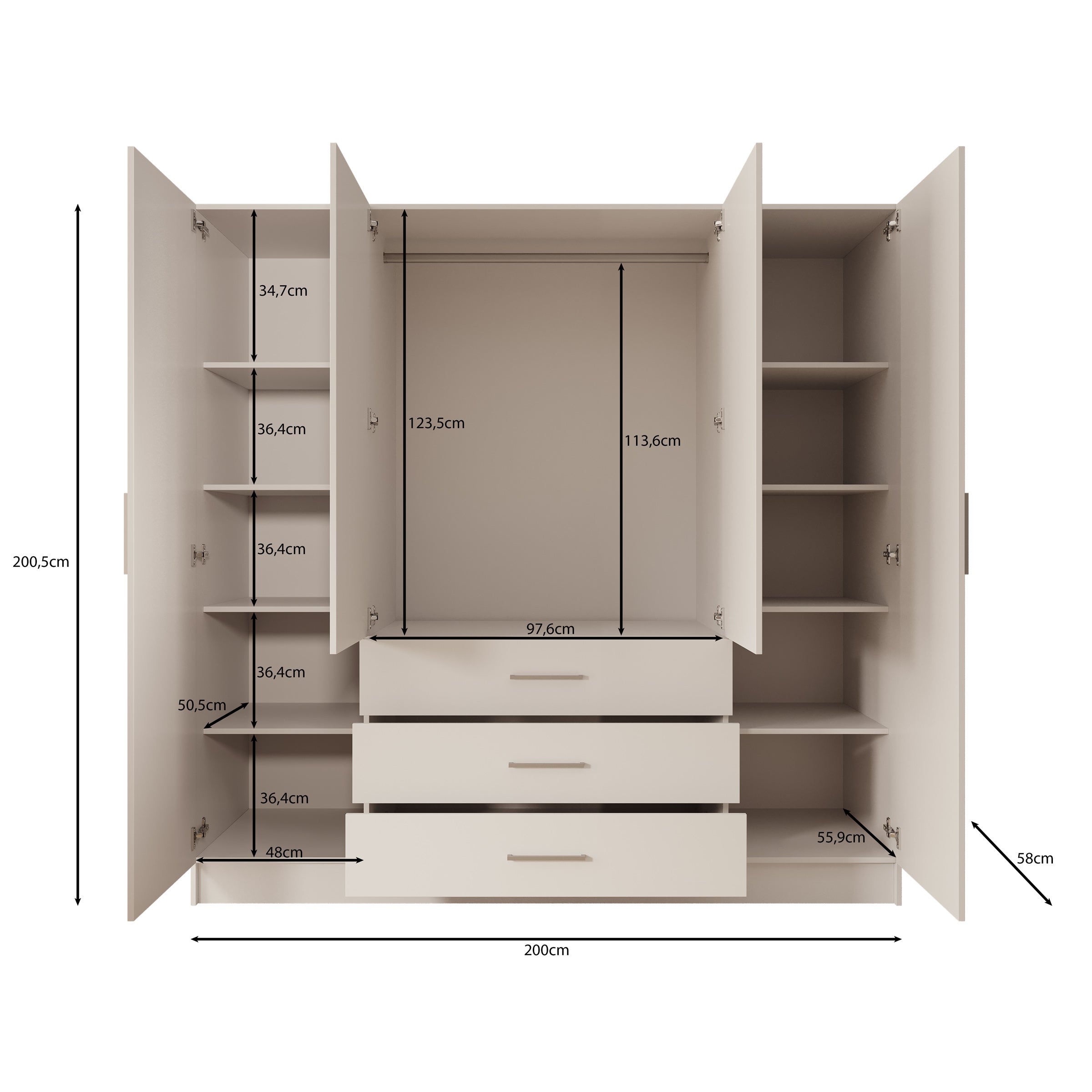 Komodo - Kledingkast met 4 deuren - Wit - 200x61x201 cm