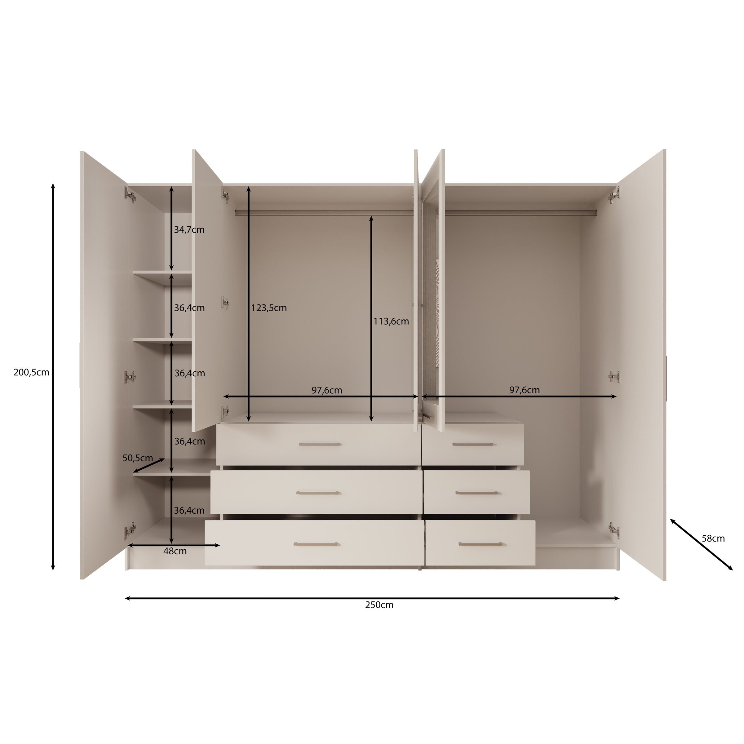 Komodo - Kledingkast met 5 deuren - Beige - 250x61x201 cm