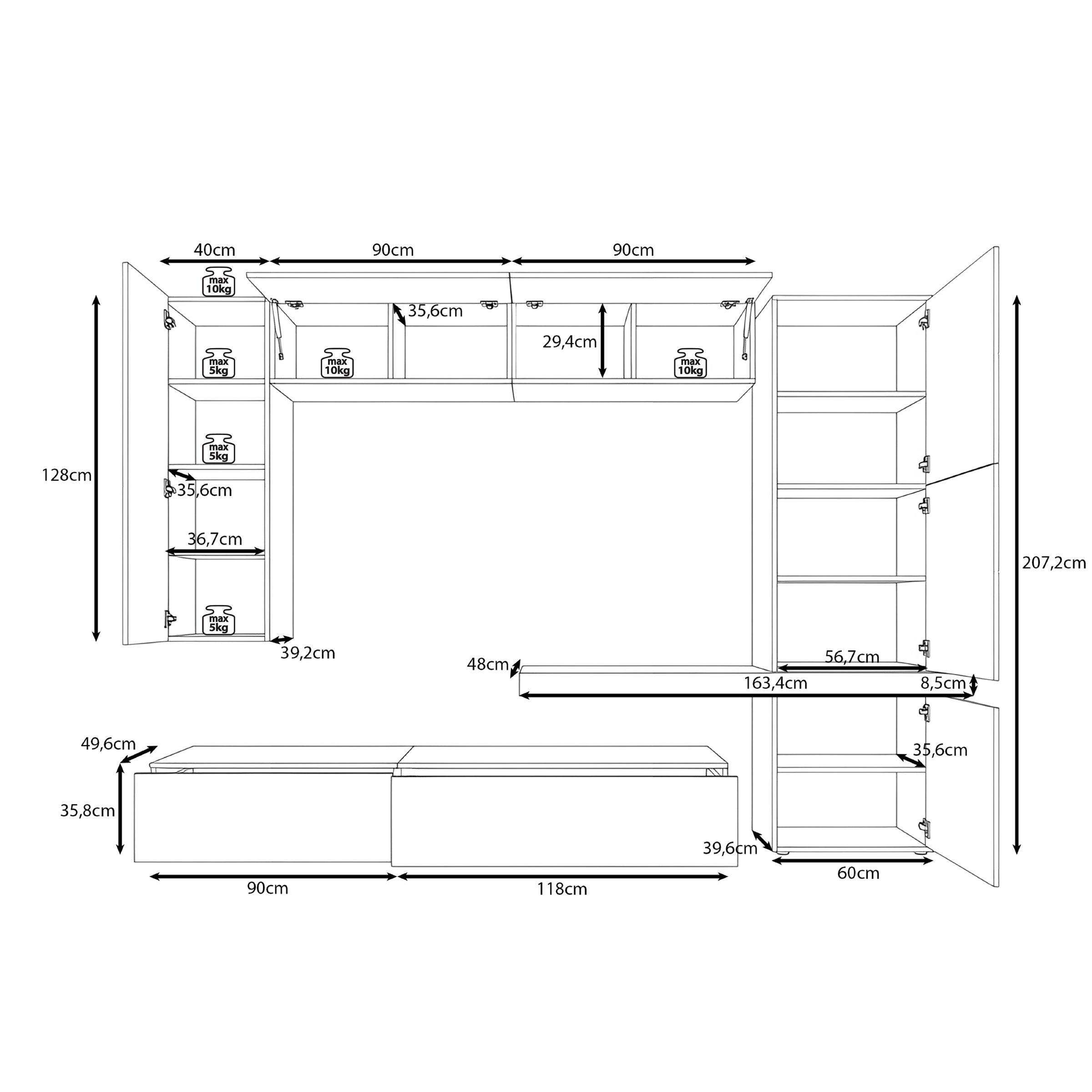 Kora - Wandmeubel - Eikenpatroon/Beige - 280x50x207 cm