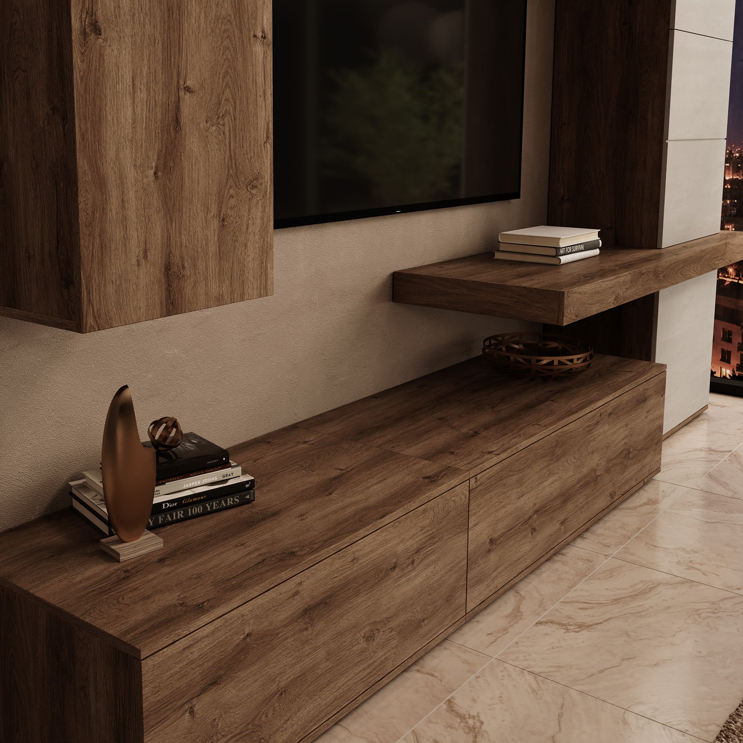 Kora - Wandmeubel - Eikenpatroon/Beige - 280x50x207 cm