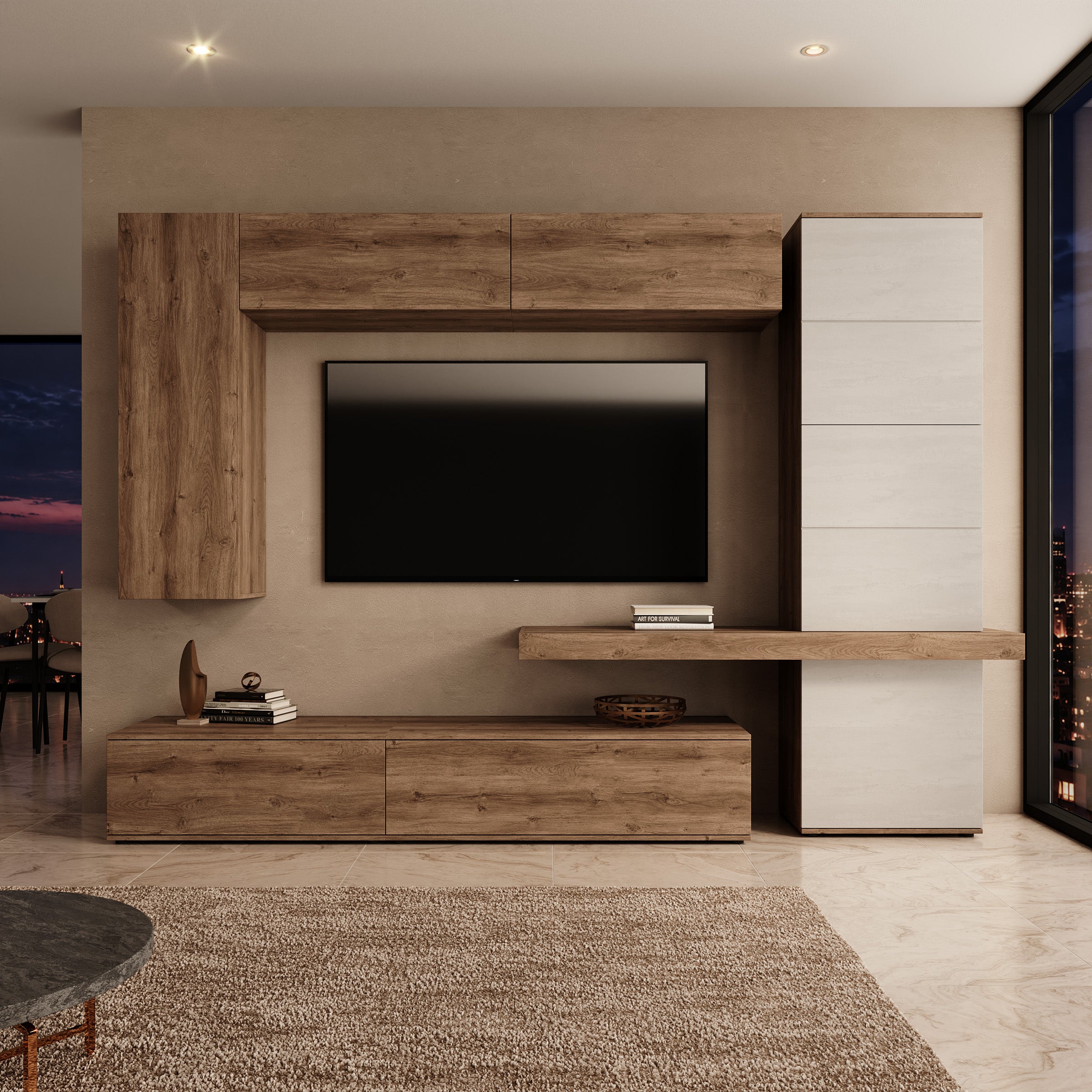 Kora - Wandmeubel - Eikenpatroon/Beige - 280x50x207 cm