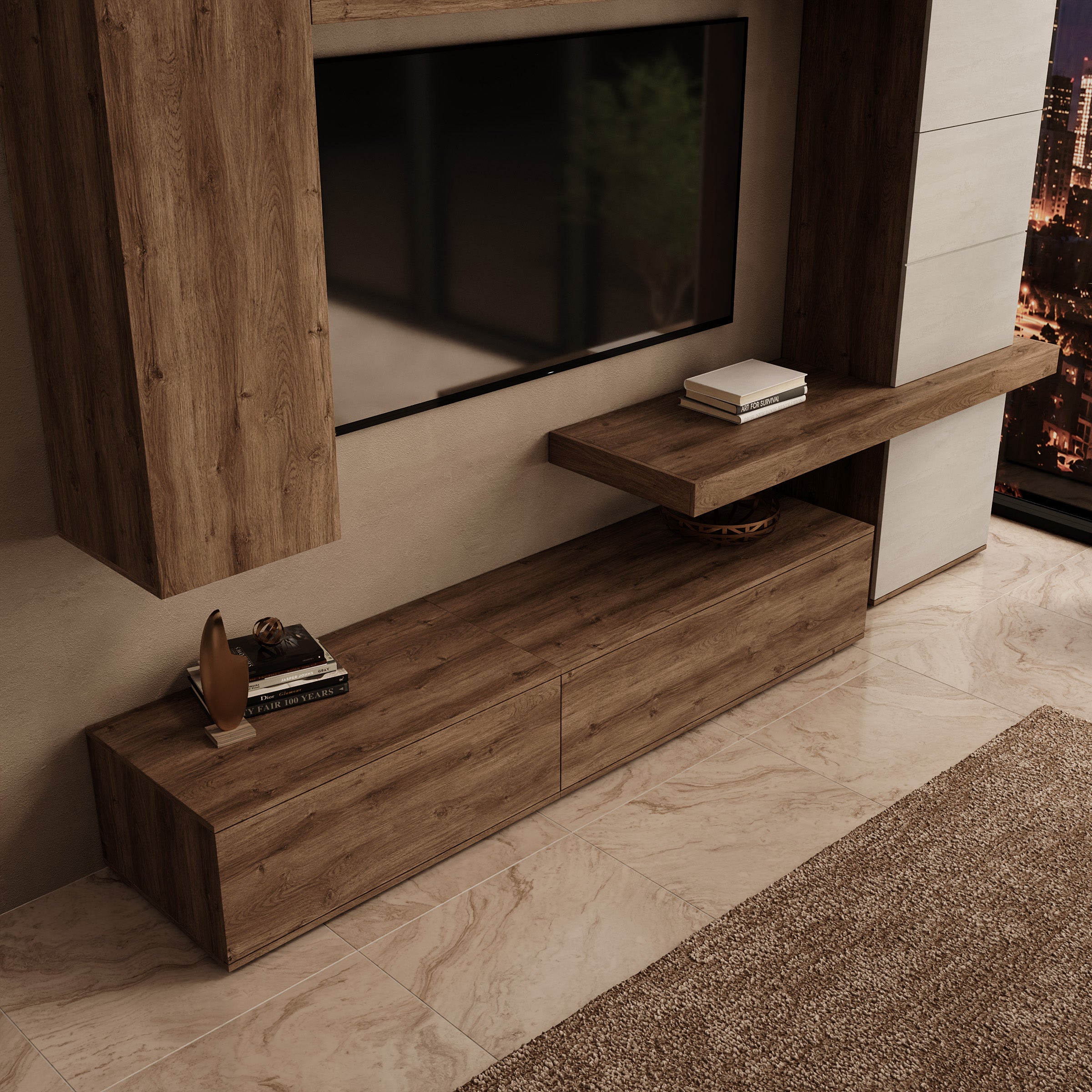 Kora - Wandmeubel - Eikenpatroon/Beige - 280x50x207 cm