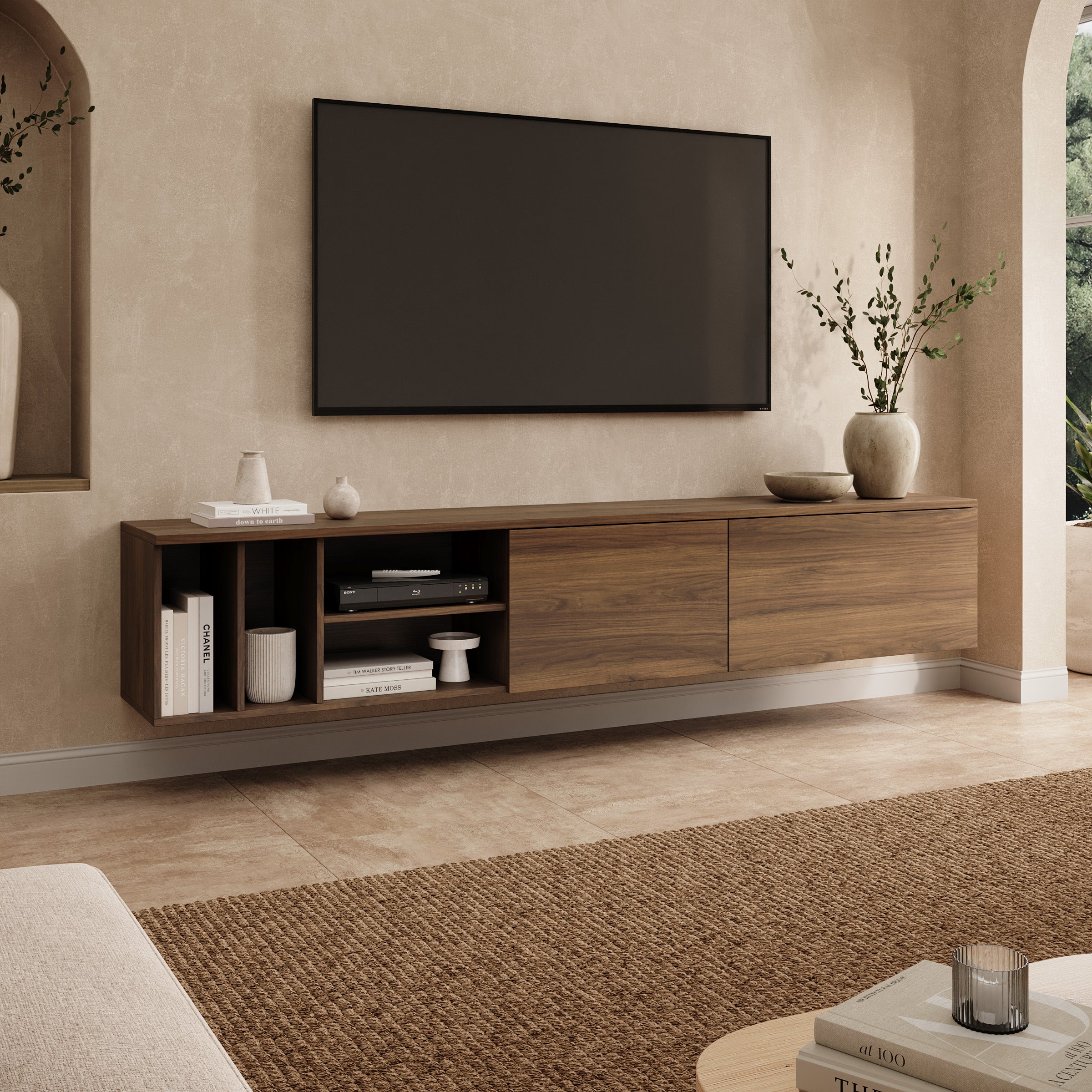 Koraal - TV-Meubel - Staand of hangend - Walnootpatroon - 220x37x42 cm