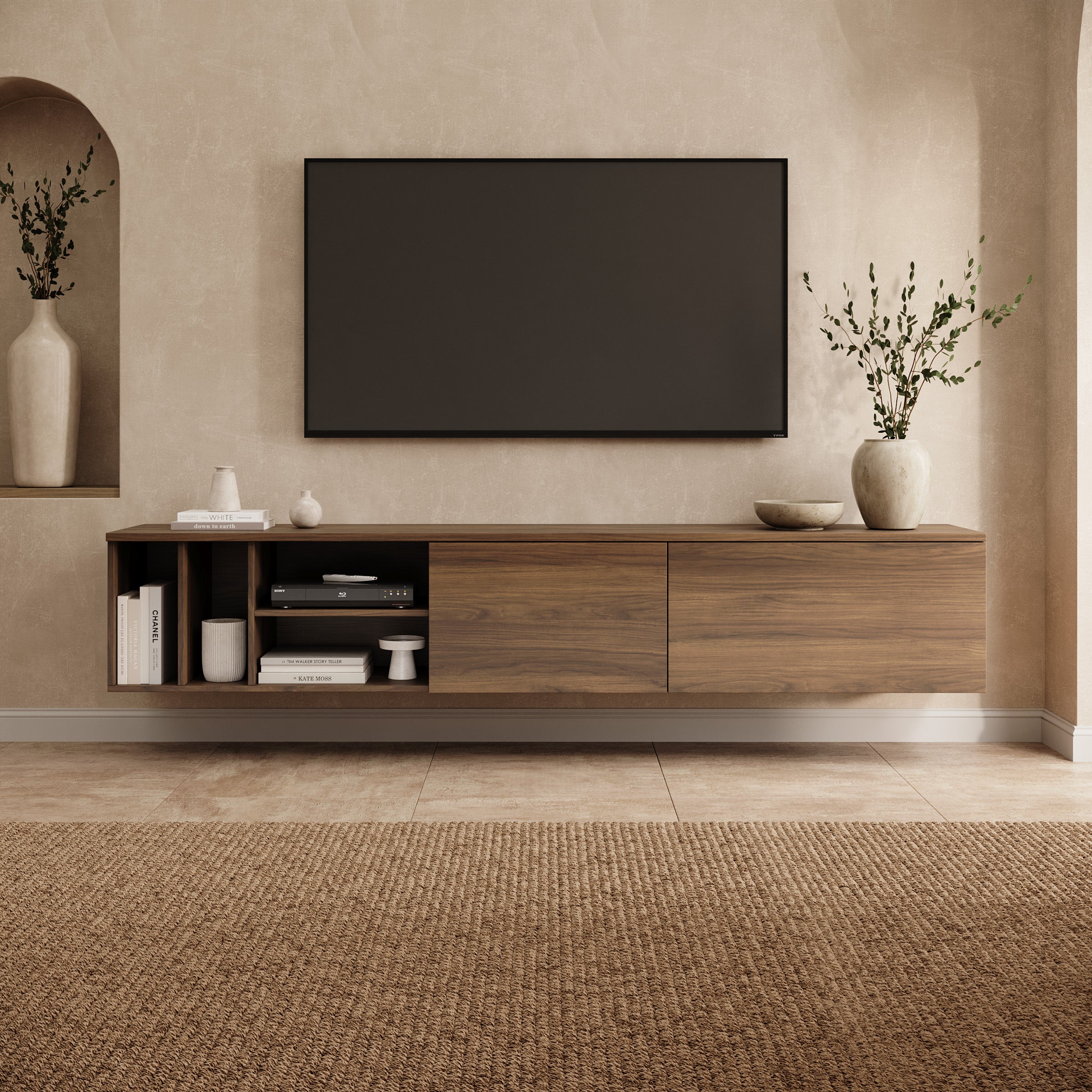 Koraal - TV-Meubel - Staand of hangend - Walnootpatroon - 220x37x42 cm