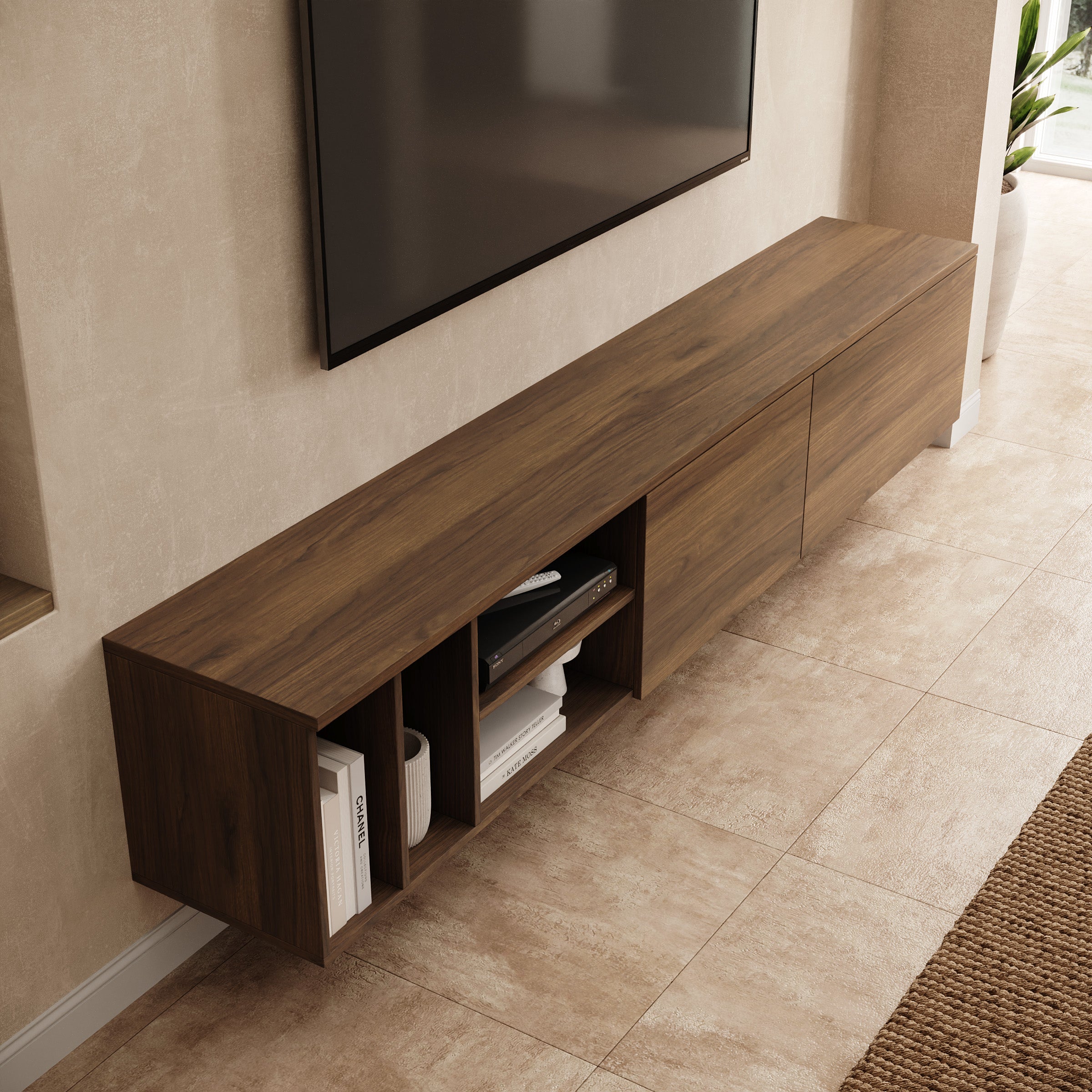 Koraal - TV-Meubel - Staand of hangend - Walnootpatroon - 220x37x42 cm