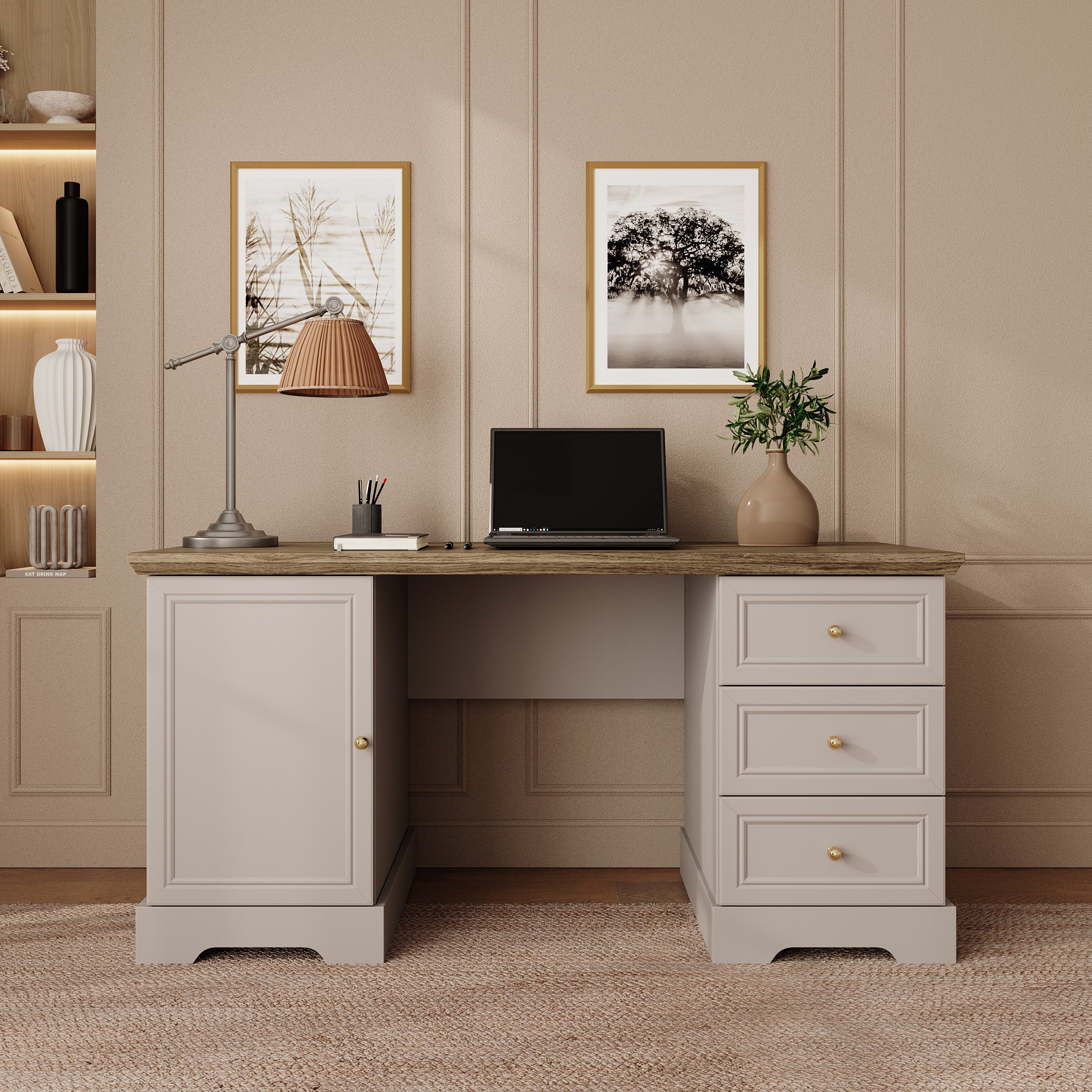 Kresto - Bureau - Beige/Eikenpatroon - 145x57x72 cm
