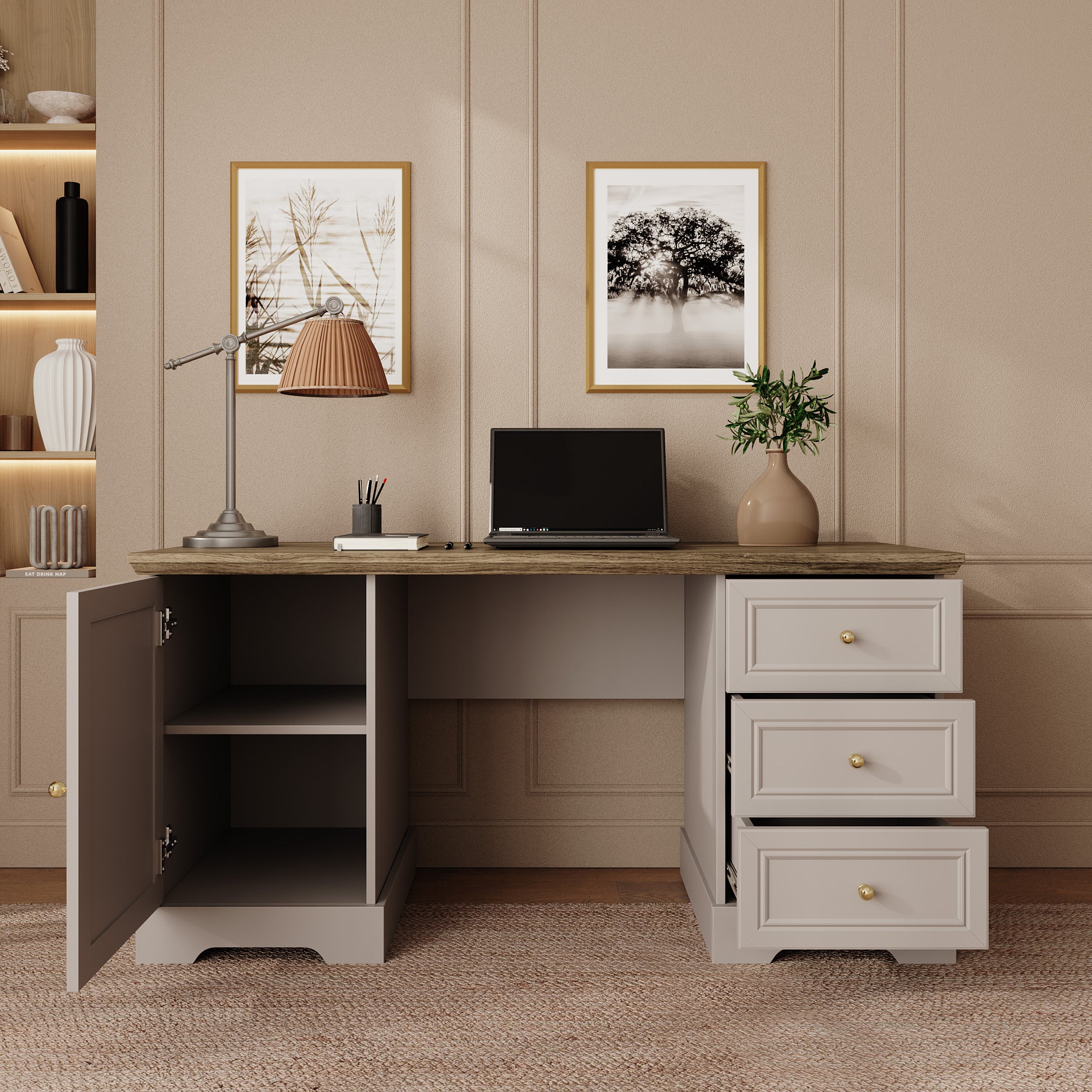 Kresto - Bureau - Beige/Eikenpatroon - 145x57x72 cm