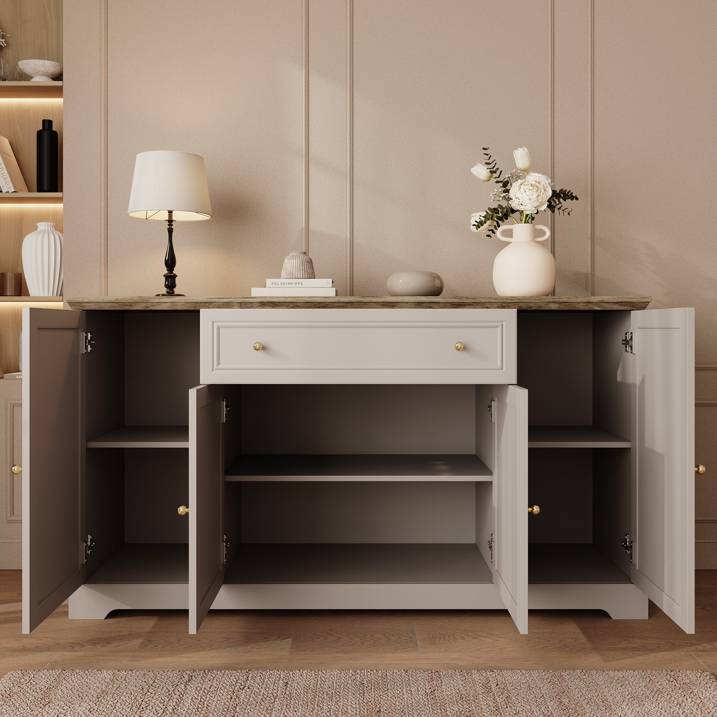 Kresto - Dressoir - Beige/Eikenpatroon - 165x46x91 cm