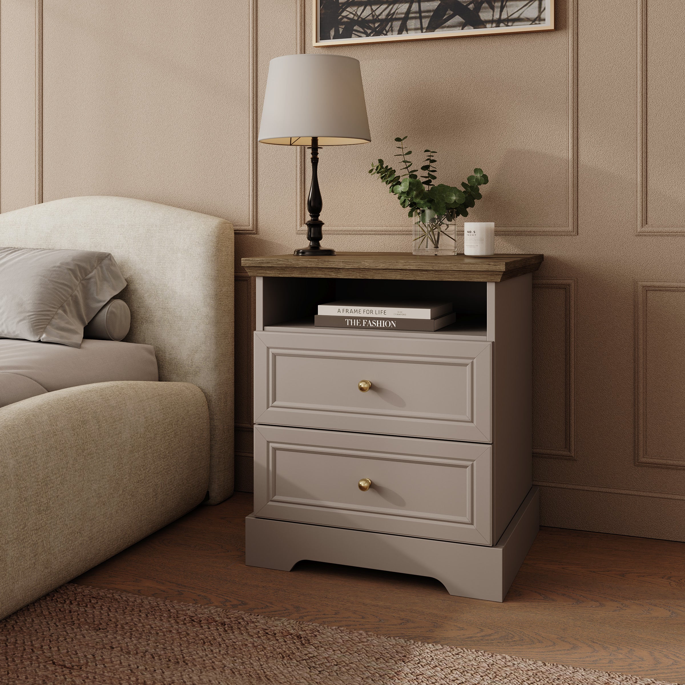 Kresto - Nachtkastje - Beige/Eikenpatroon - 55x38x63 cm