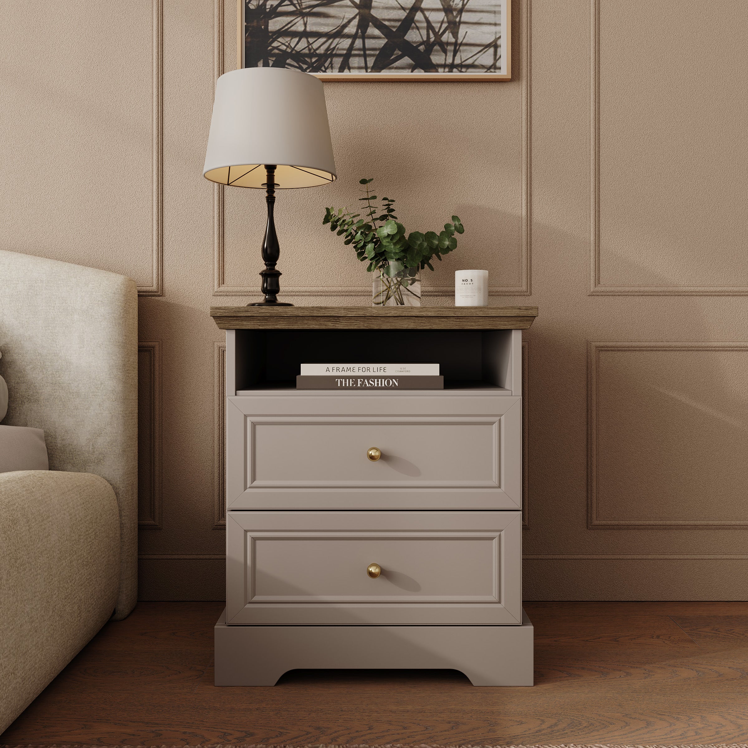 Kresto - Nachtkastje - Beige/Eikenpatroon - 55x38x63 cm