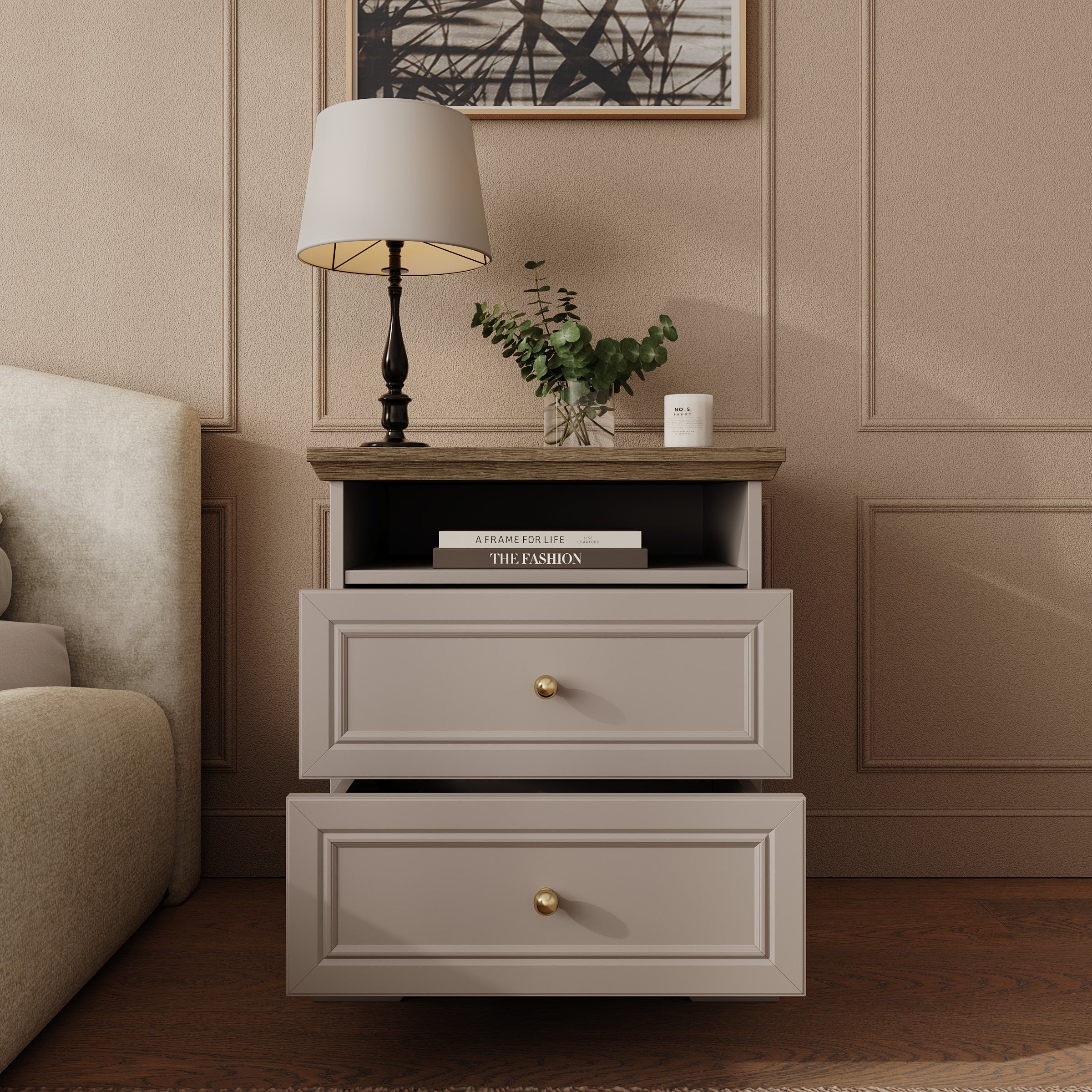 Kresto - Nachtkastje - Beige/Eikenpatroon - 55x38x63 cm