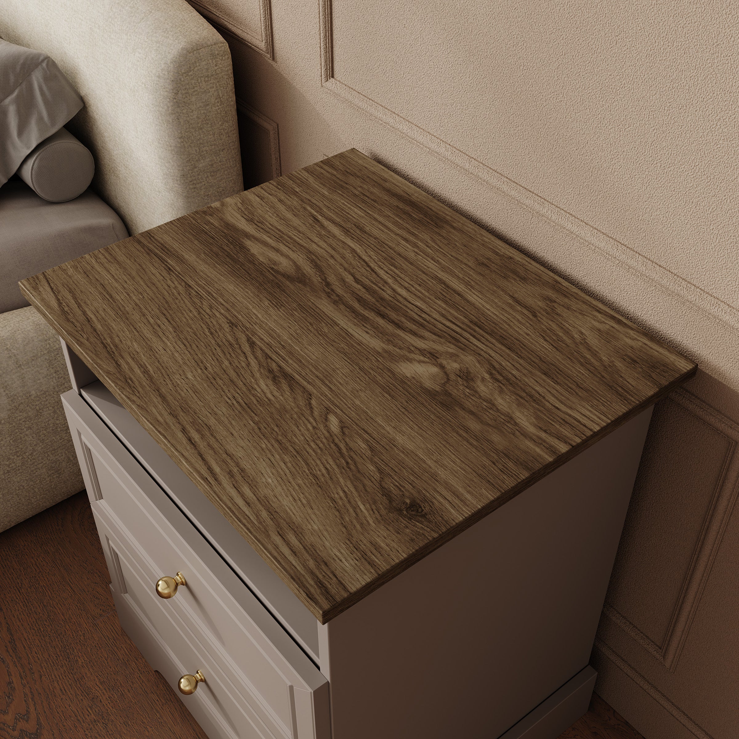 Kresto - Nachtkastje - Beige/Eikenpatroon - 55x38x63 cm