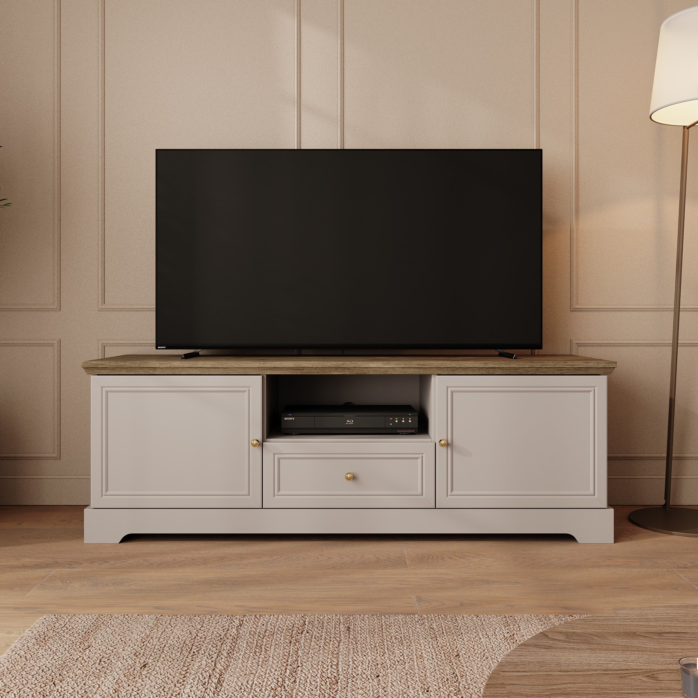 Kresto - TV-Meubel - Beige/Eikenpatroon - 155x46x53 cm