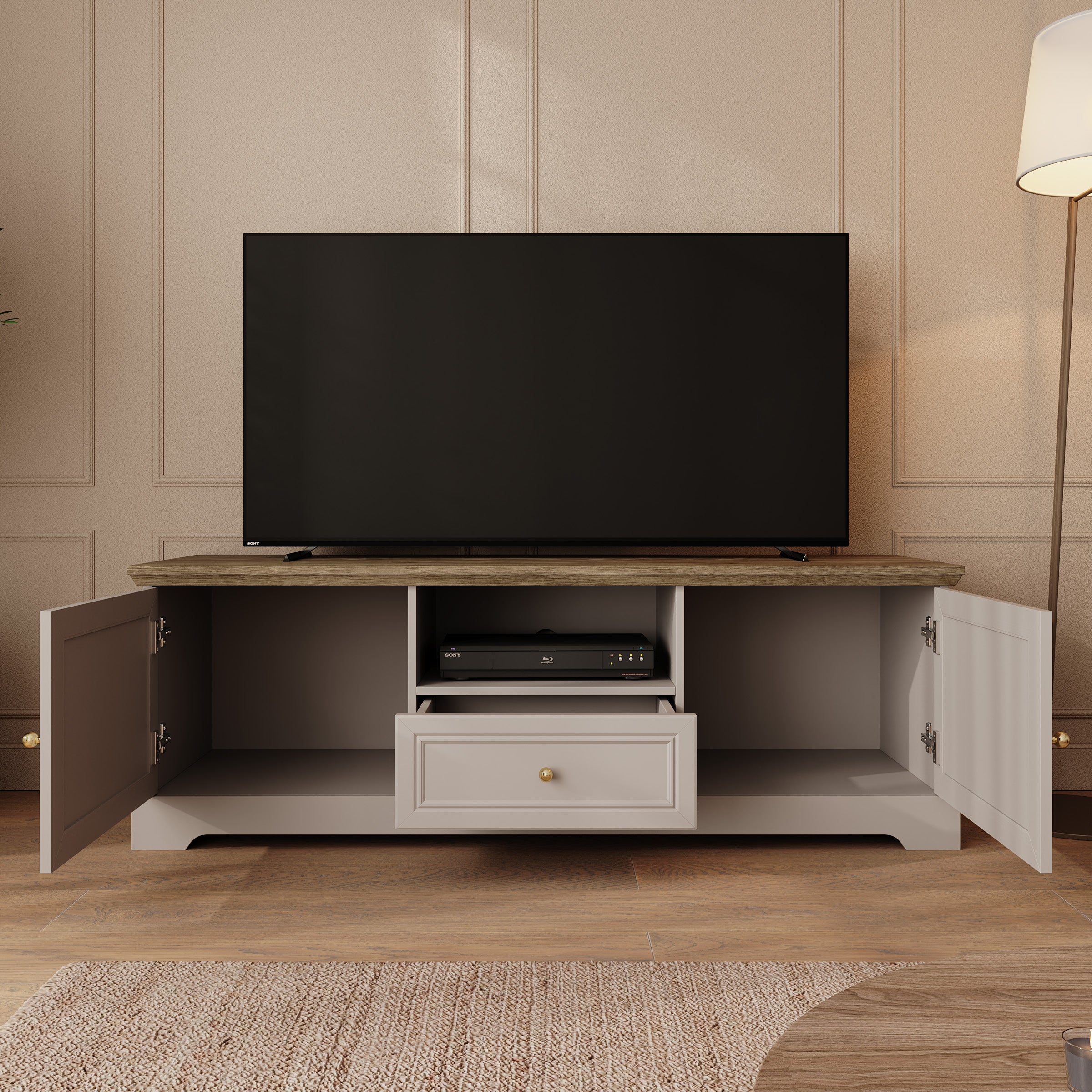 Kresto - TV-Meubel - Beige/Eikenpatroon - 155x46x53 cm