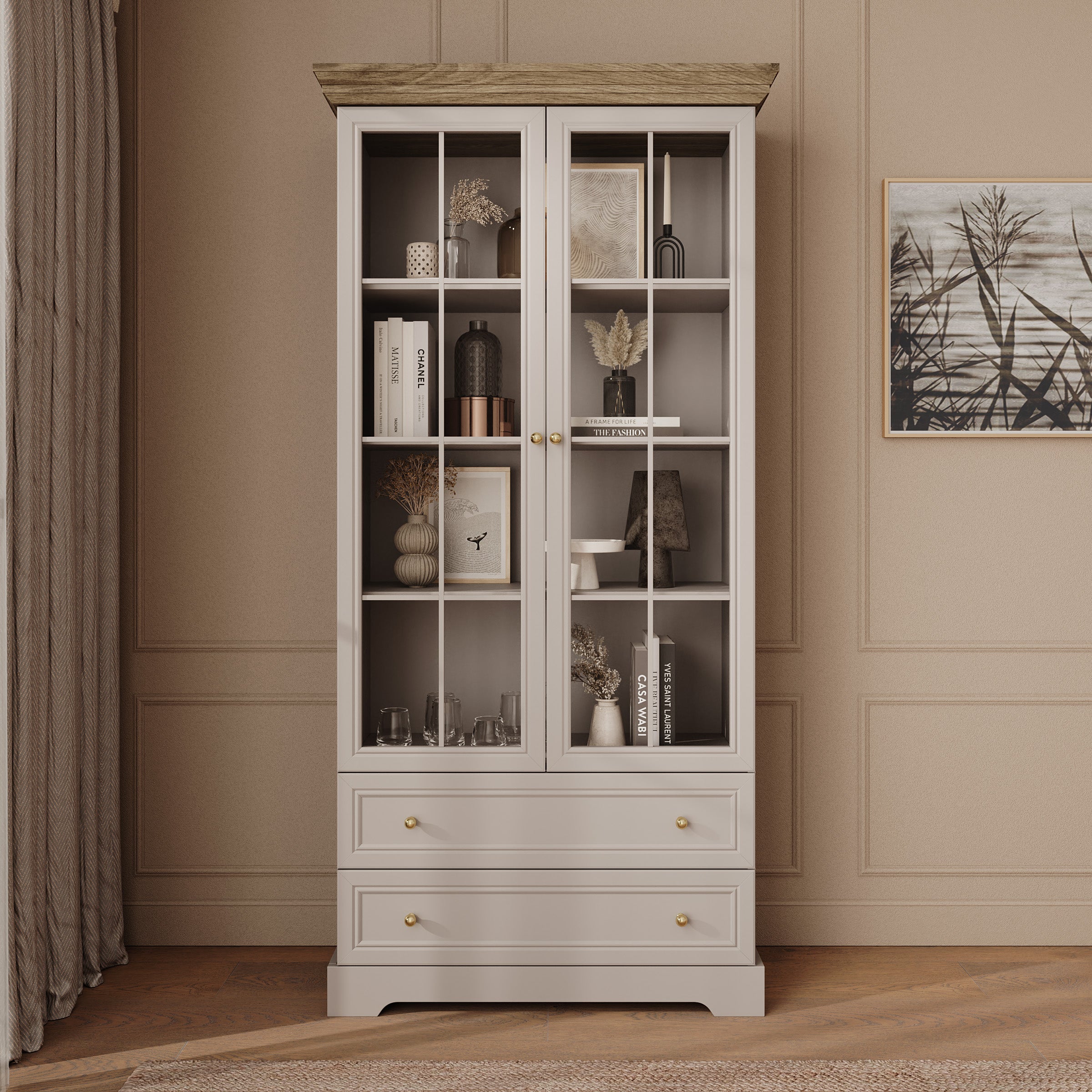 Kresto - Vitrinekast - Beige/Eikenpatroon - 89x41x189 cm